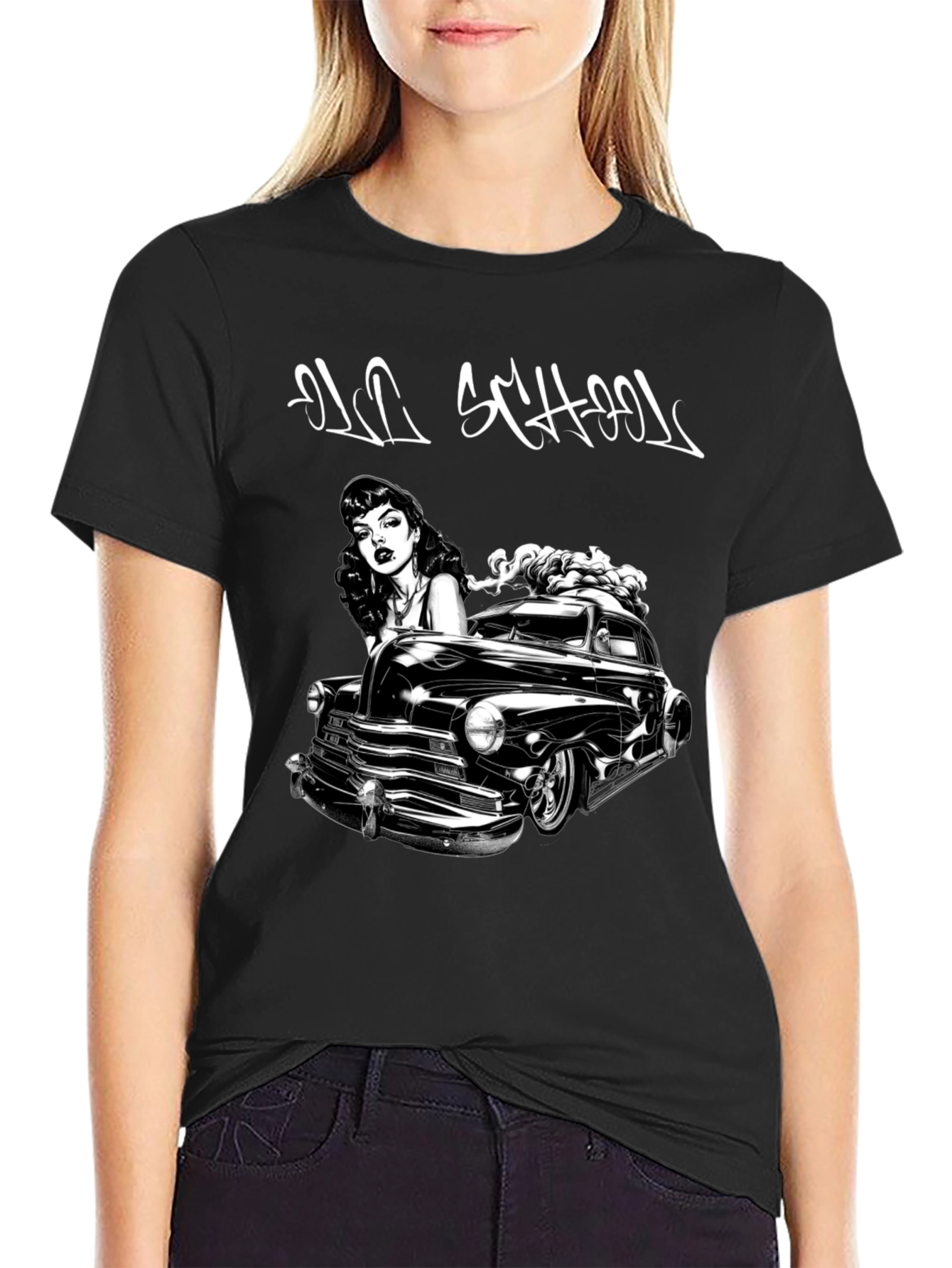 Old School Car & Pin-Up Black Graphic T-Shirt