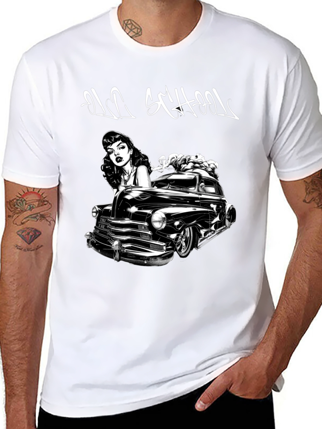 Old School Car & Pin-Up Black Graphic T-Shirt