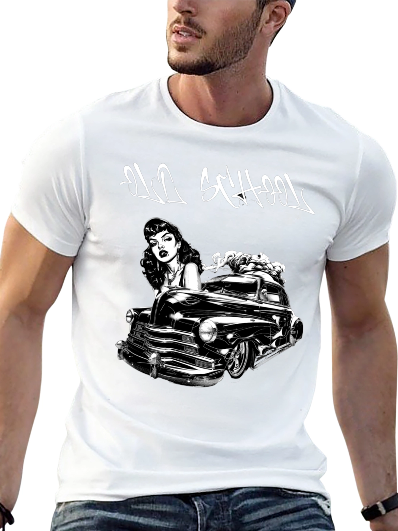 Old School Car & Pin-Up Black Graphic T-Shirt