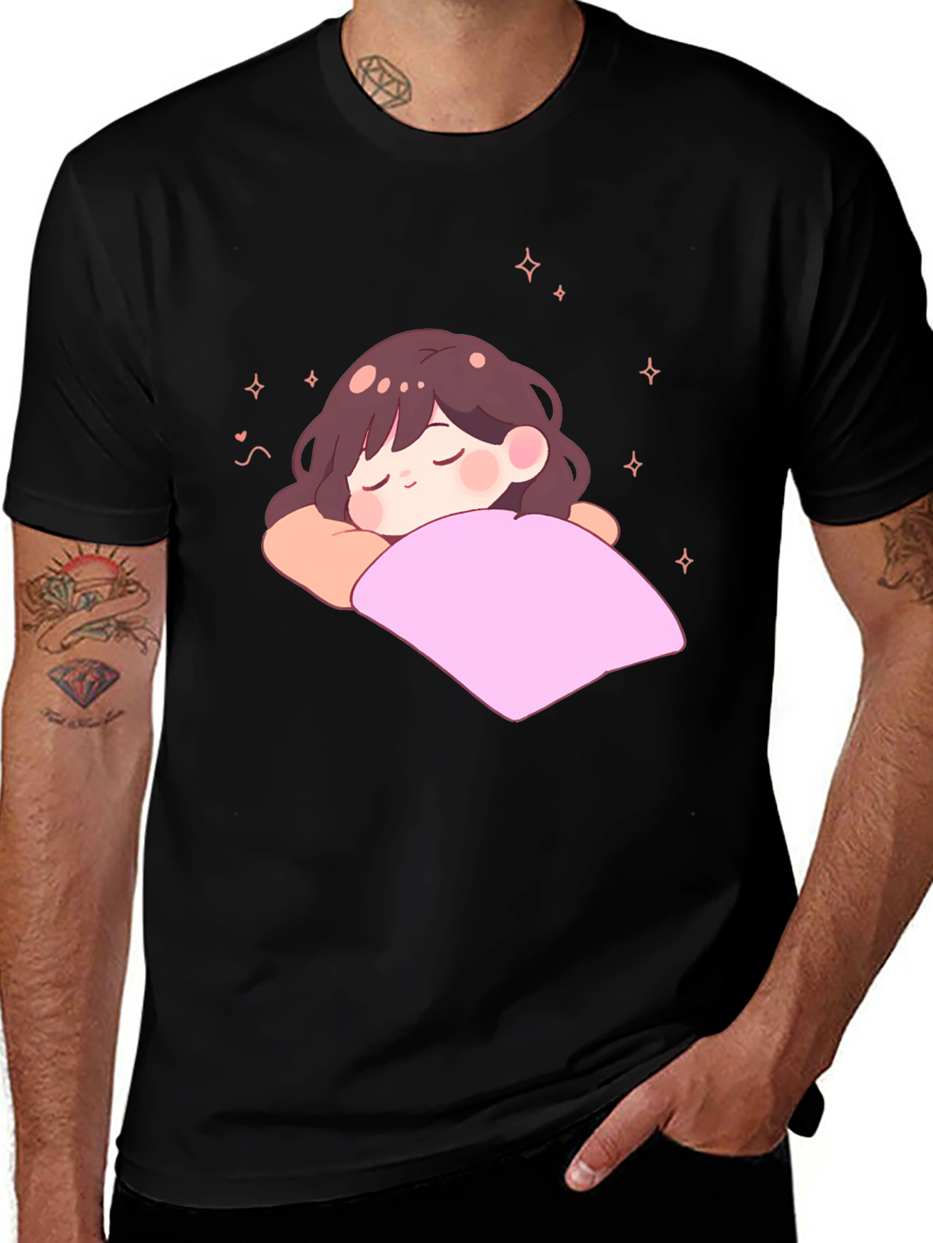 Cute Sleeping Anime Girl Black T-Shirt