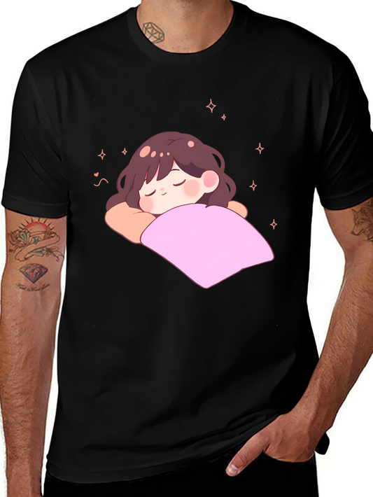 Cute Sleeping Anime Girl Black T-Shirt