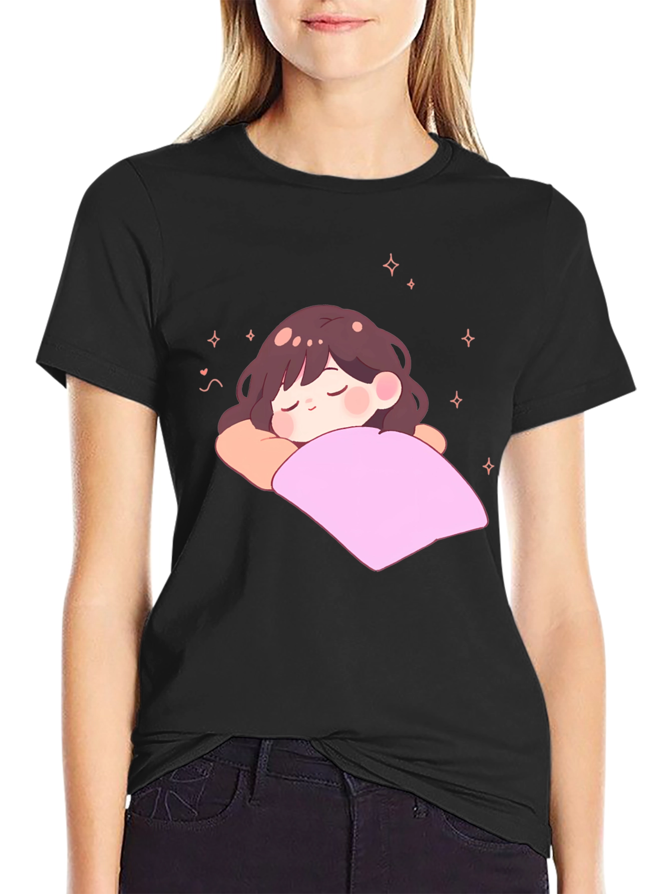 Cute Sleeping Anime Girl Black T-Shirt