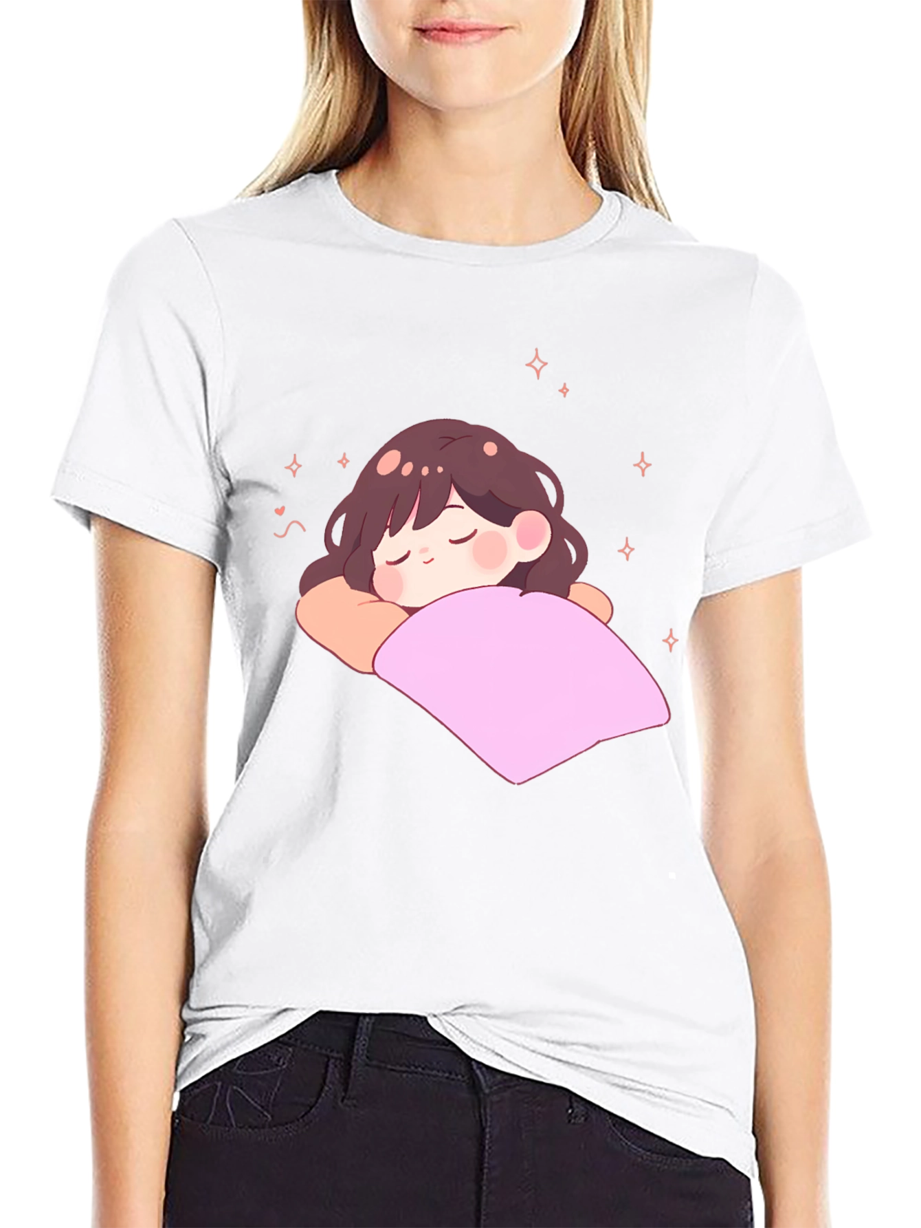 Cute Sleeping Anime Girl Black T-Shirt