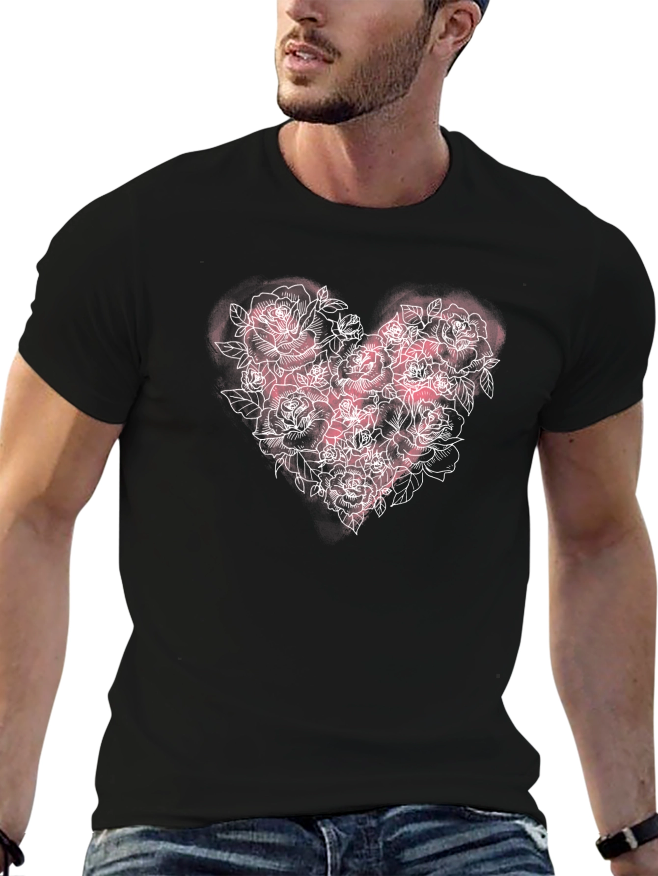Floral Heart Rose T-Shirt - Black