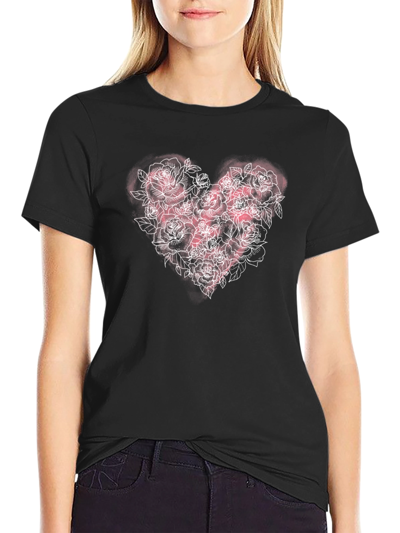 Floral Heart Rose T-Shirt - Black