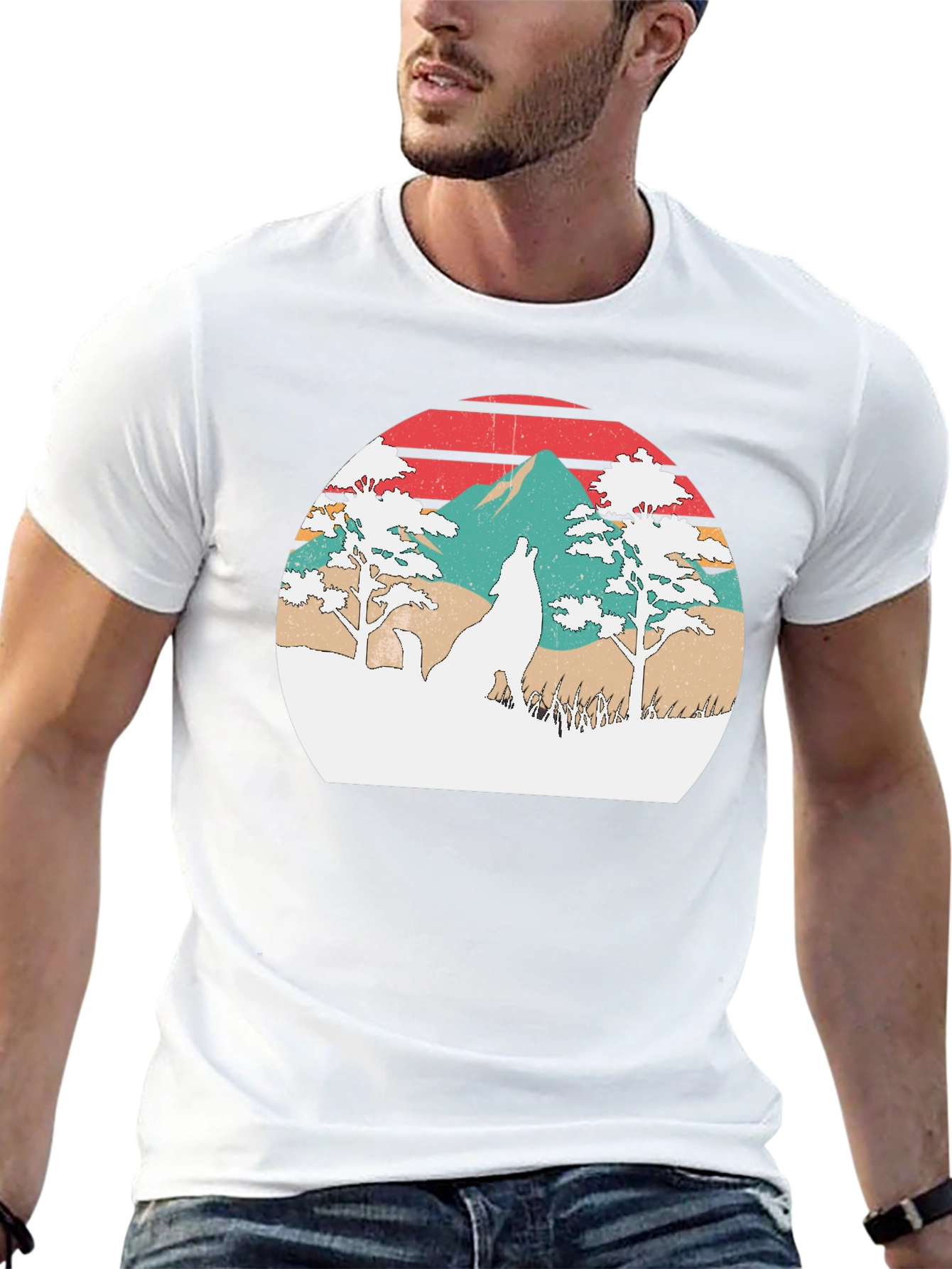 Retro Wolf Sunset Graphic T-Shirt