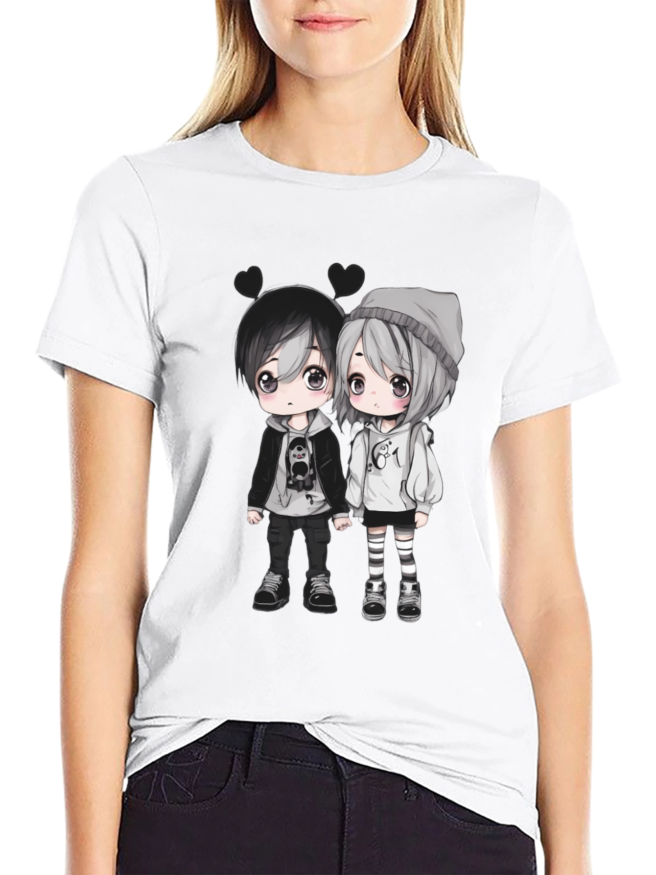 Anime Couple Graphic Black T-Shirt