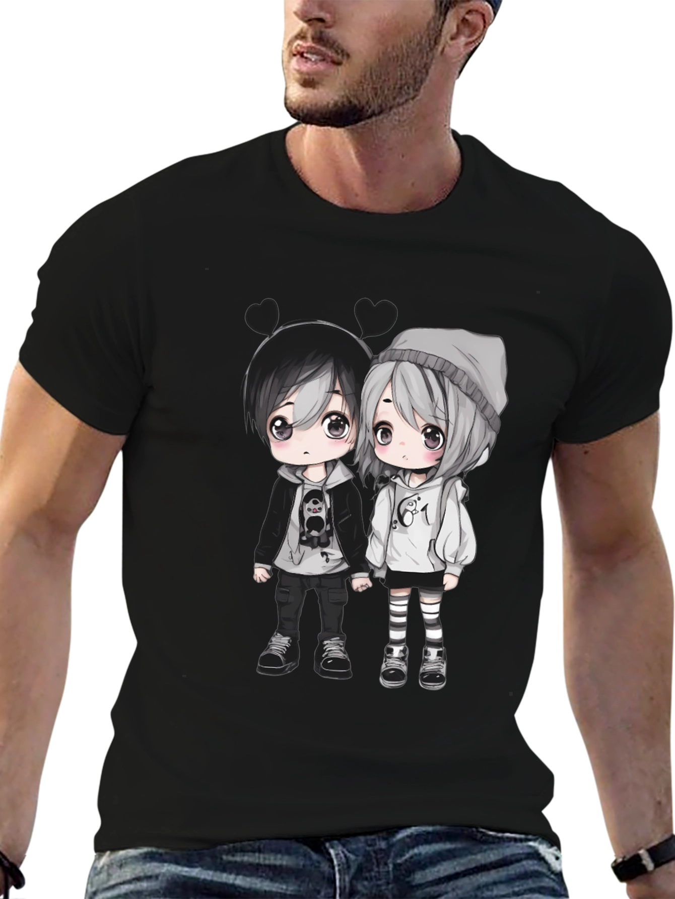 Anime Couple Graphic Black T-Shirt