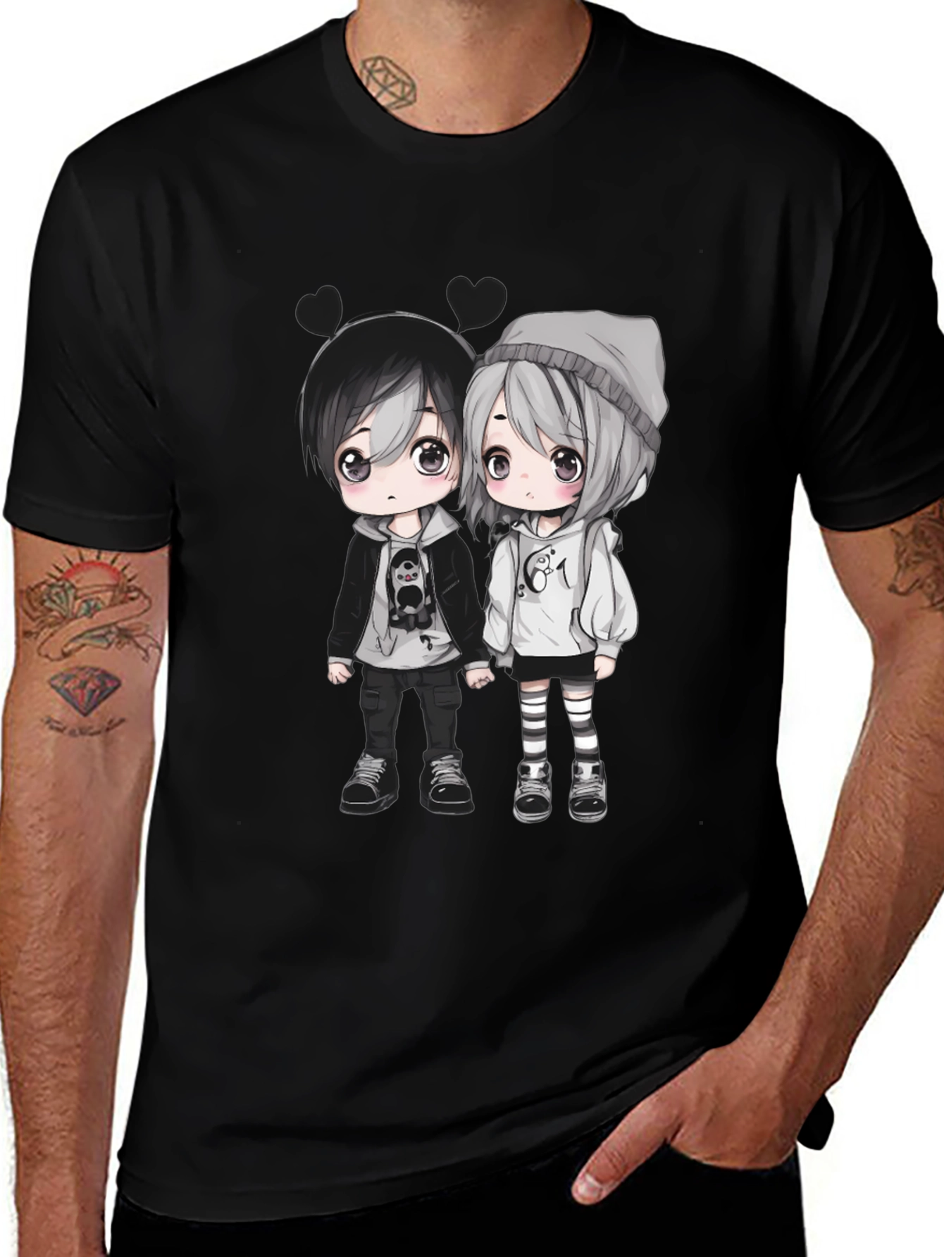 Anime Couple Graphic Black T-Shirt