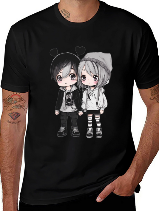 Anime Couple Graphic Black T-Shirt