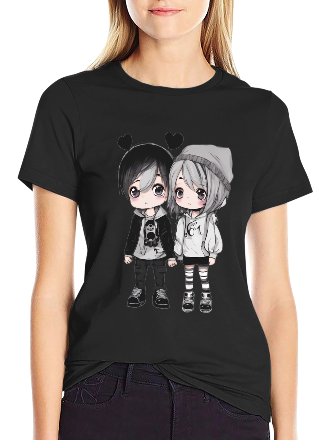 Anime Couple Graphic Black T-Shirt