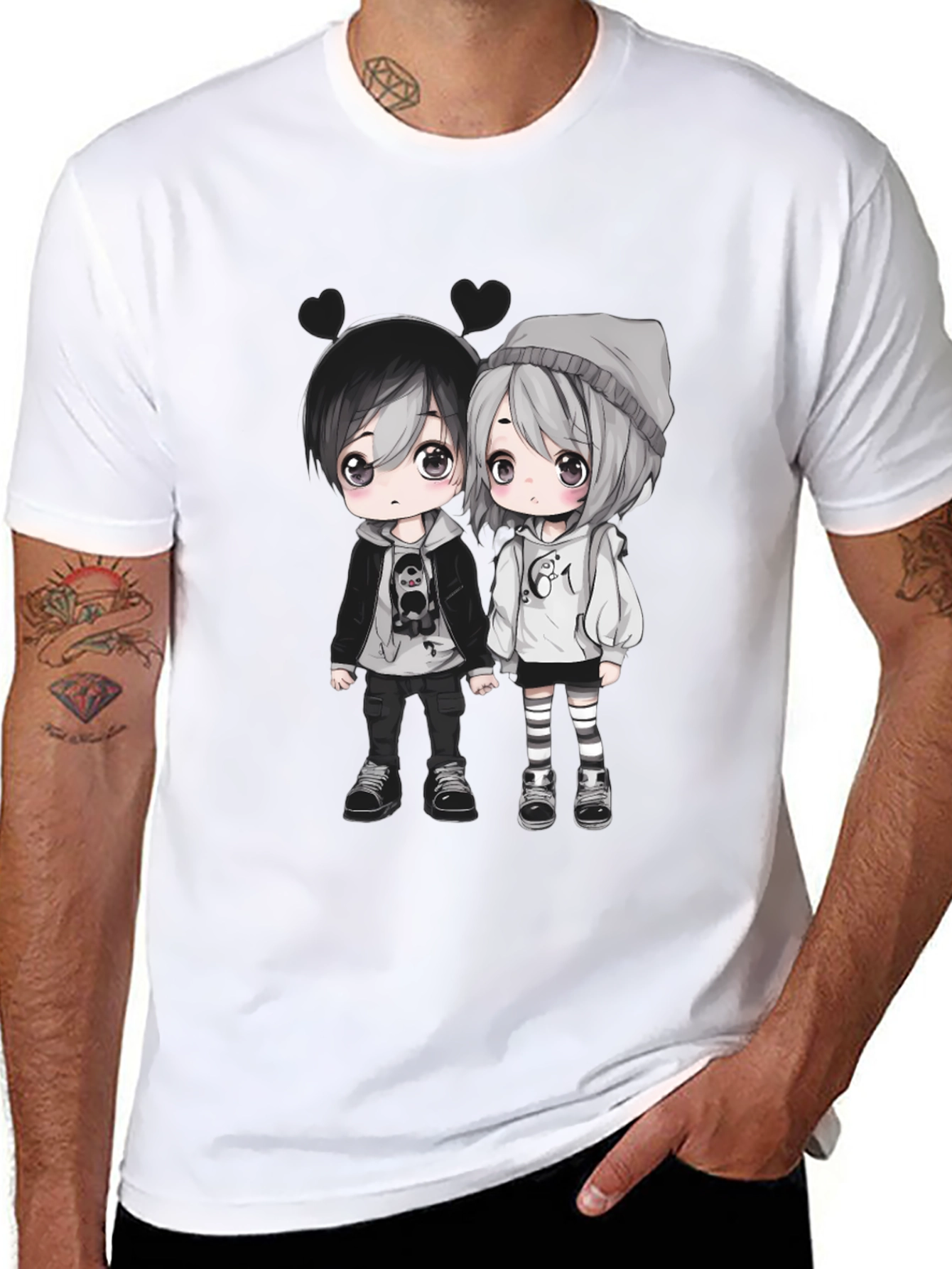 Anime Couple Graphic Black T-Shirt