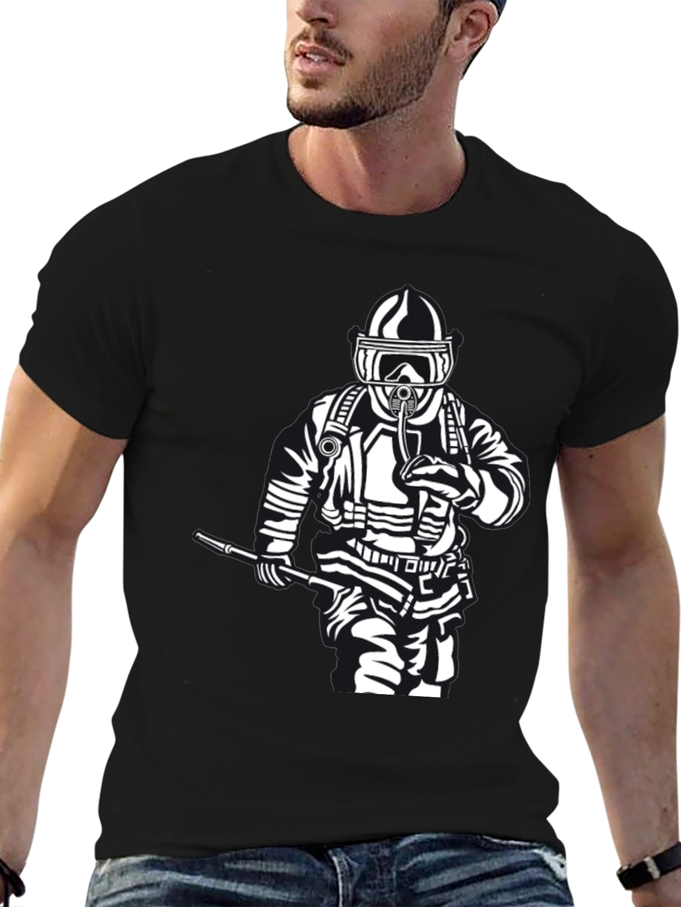 Firefighter Graphic T-Shirt - Black Crew Neck Tee