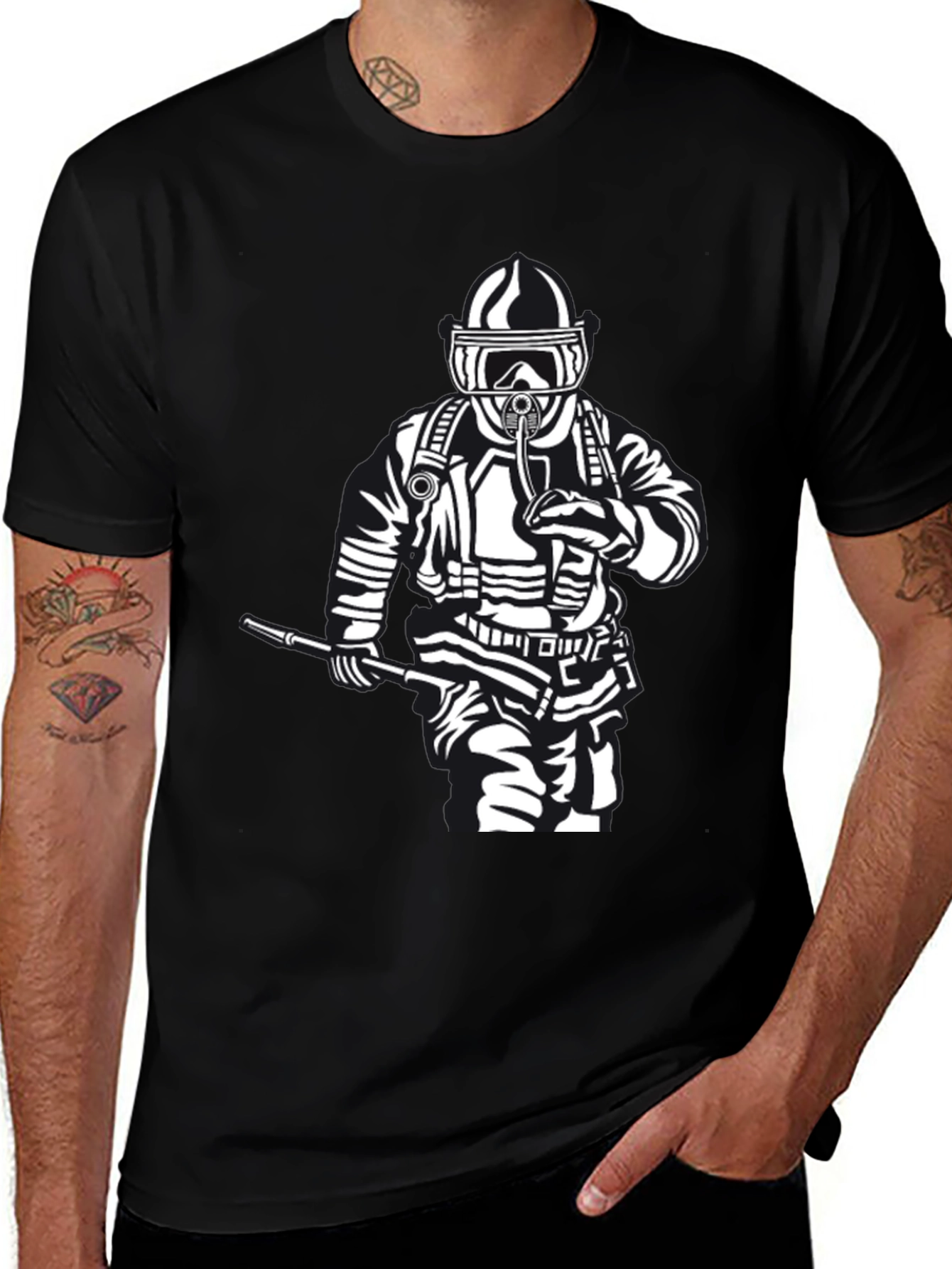 Firefighter Graphic T-Shirt - Black Crew Neck Tee