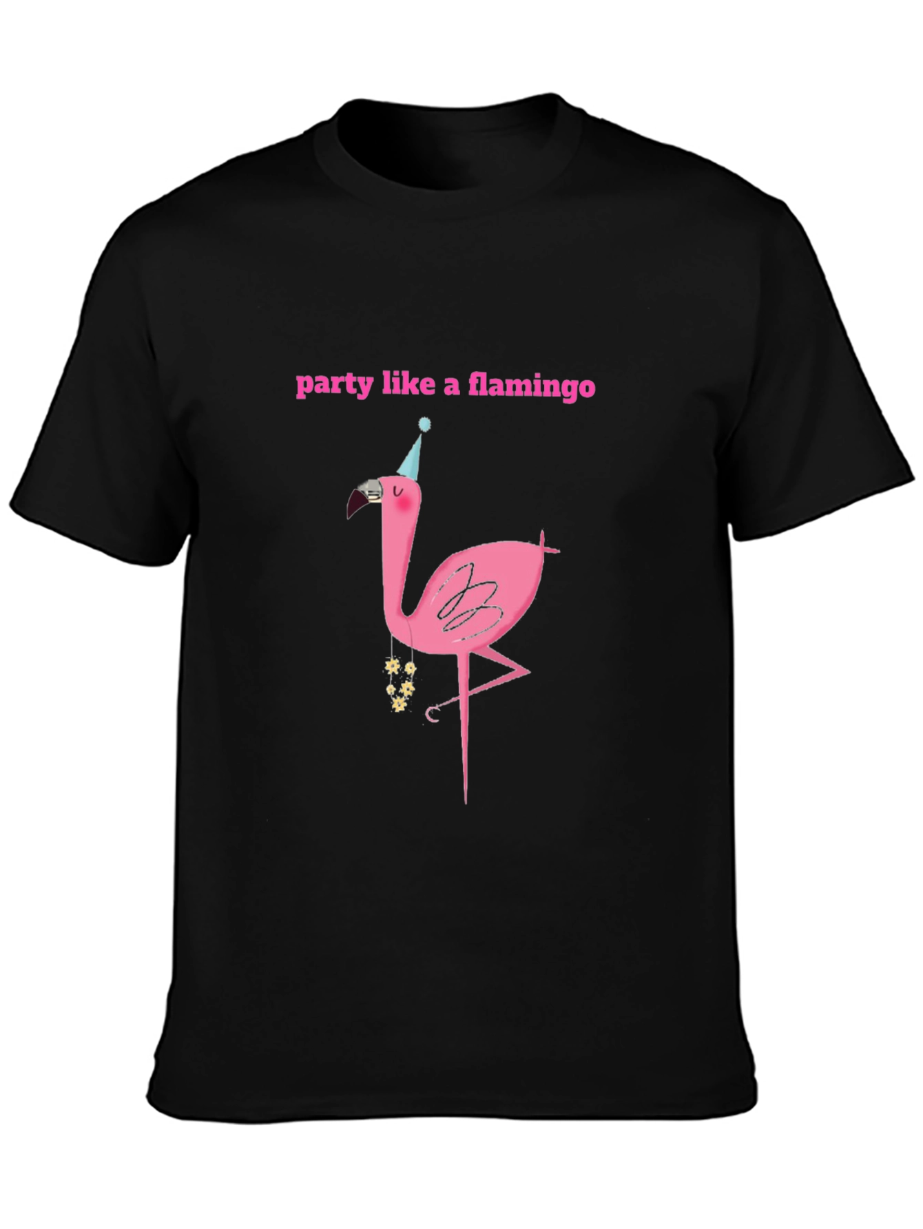 Party Flamingo Graphic Tee - Black Cotton T-Shirt