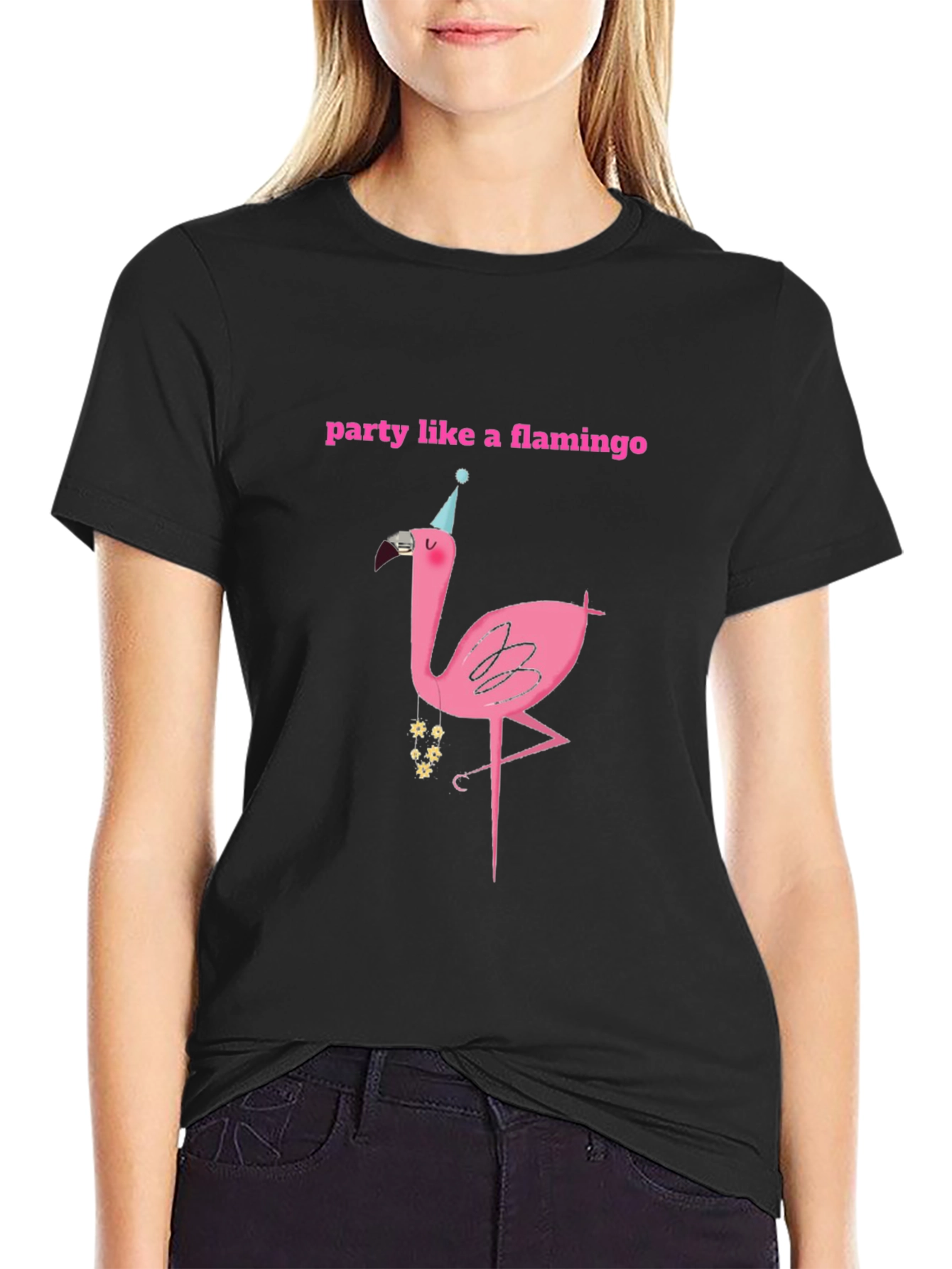 Party Flamingo Graphic Tee - Black Cotton T-Shirt