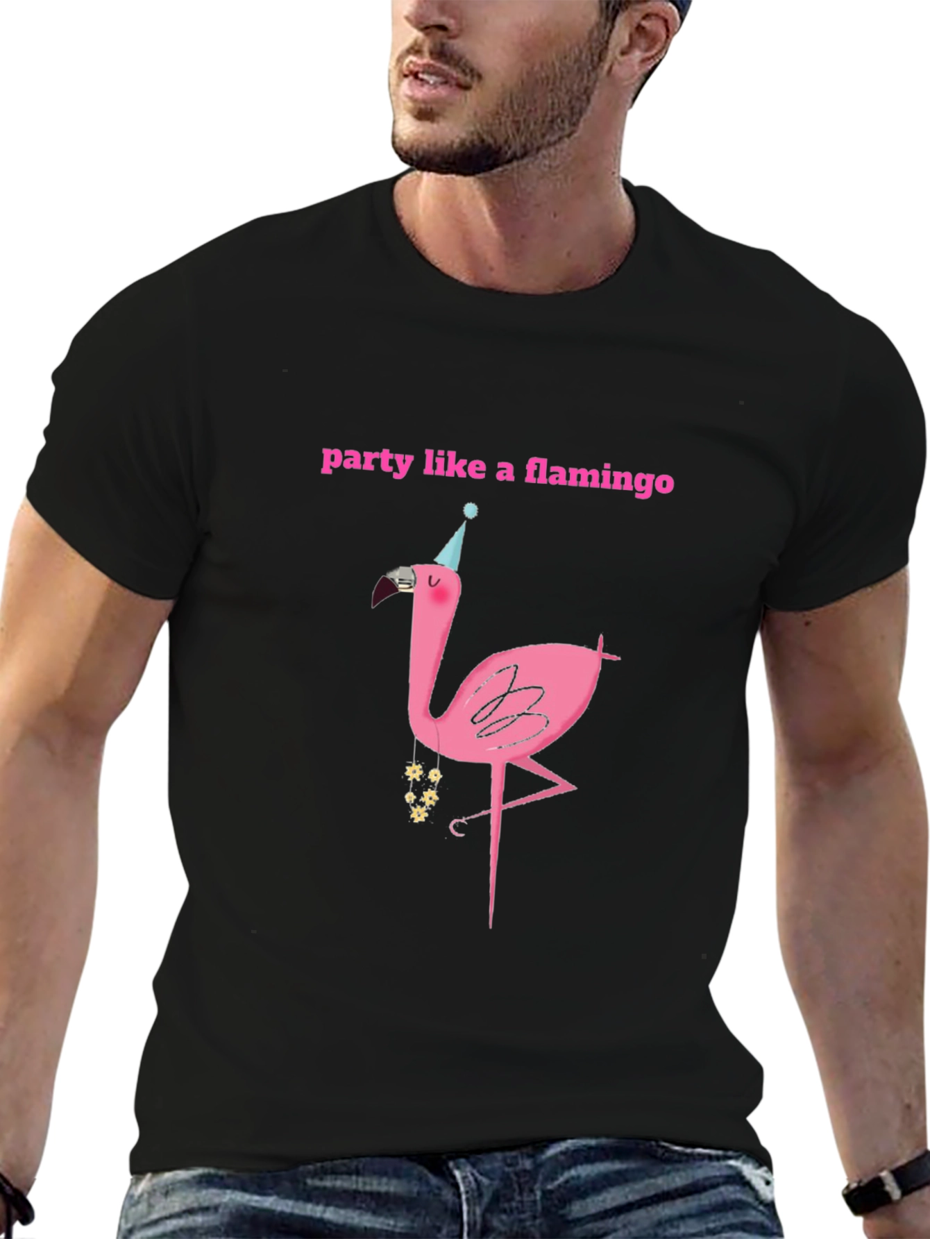 Party Flamingo Graphic Tee - Black Cotton T-Shirt