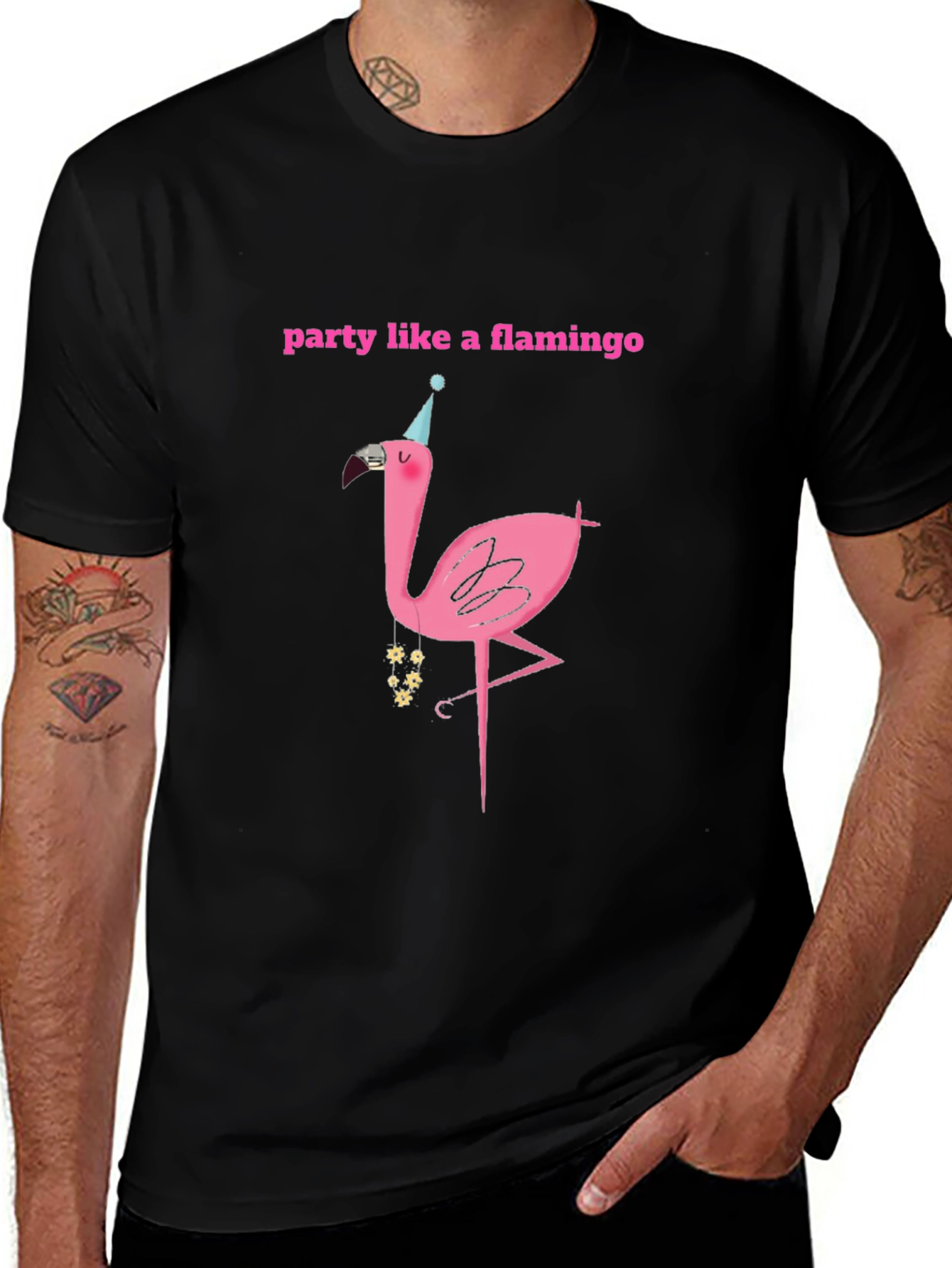 Party Flamingo Graphic Tee - Black Cotton T-Shirt