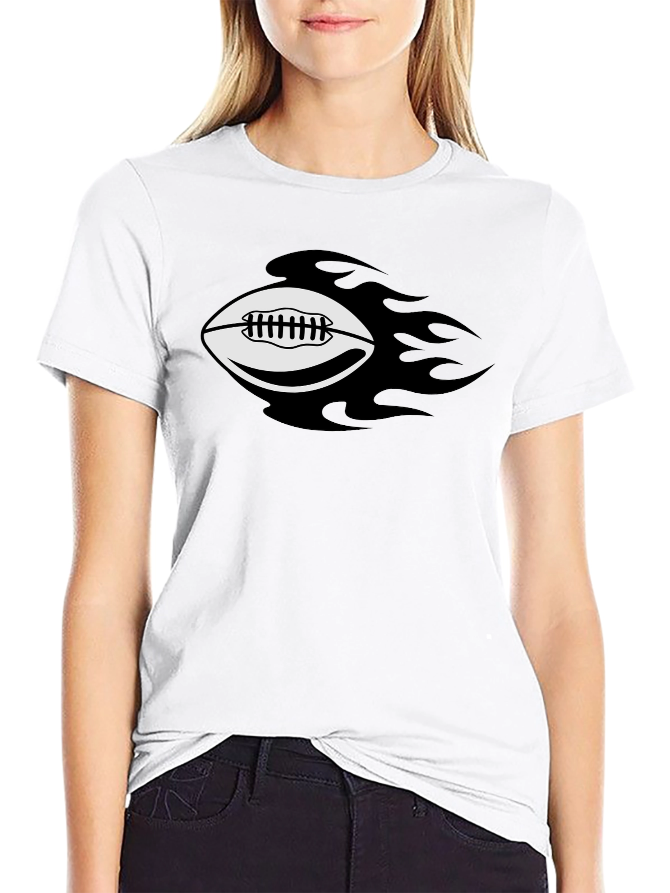 Flaming Football Graphic Tee - Black Cotton T-Shirt