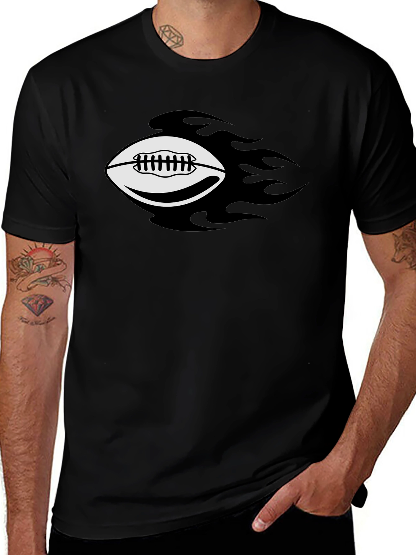 Flaming Football Graphic Tee - Black Cotton T-Shirt