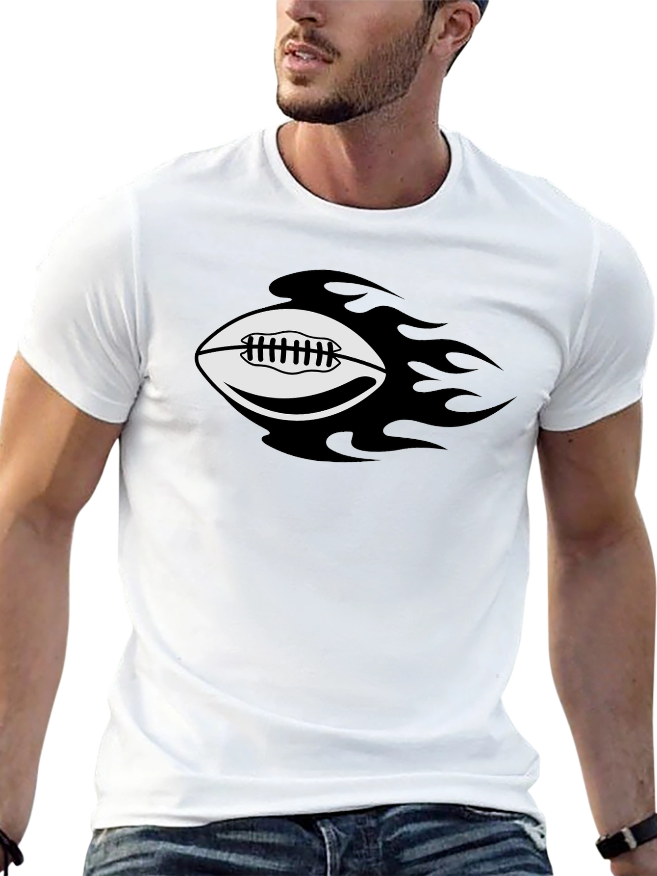 Flaming Football Graphic Tee - Black Cotton T-Shirt
