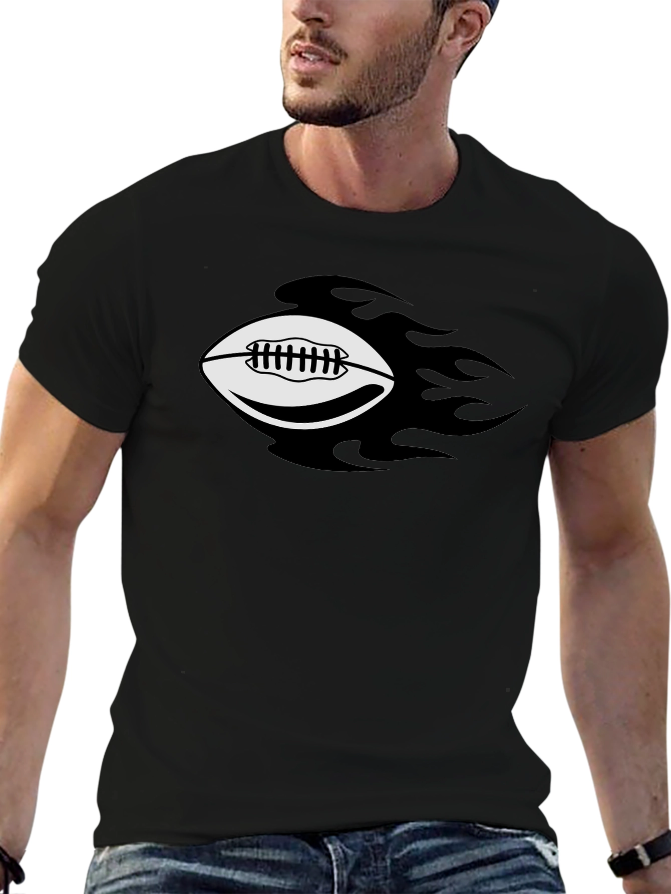 Flaming Football Graphic Tee - Black Cotton T-Shirt
