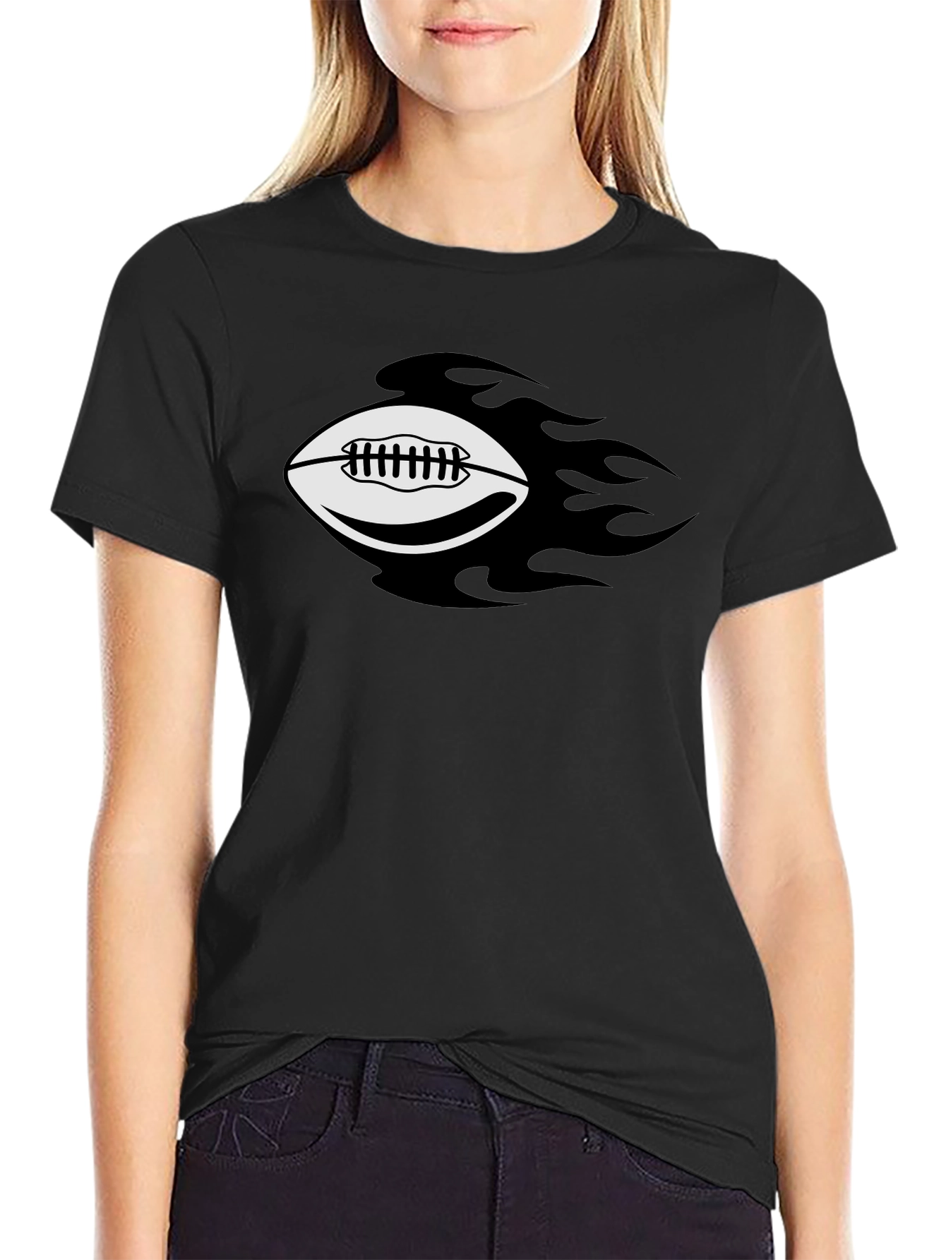 Flaming Football Graphic Tee - Black Cotton T-Shirt