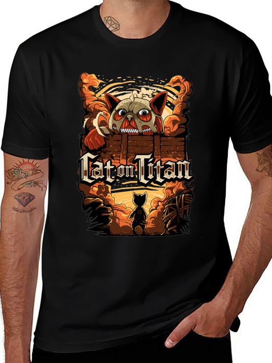Cat On Titan Black T-Shirt: Attack on Titan Spoof Tee