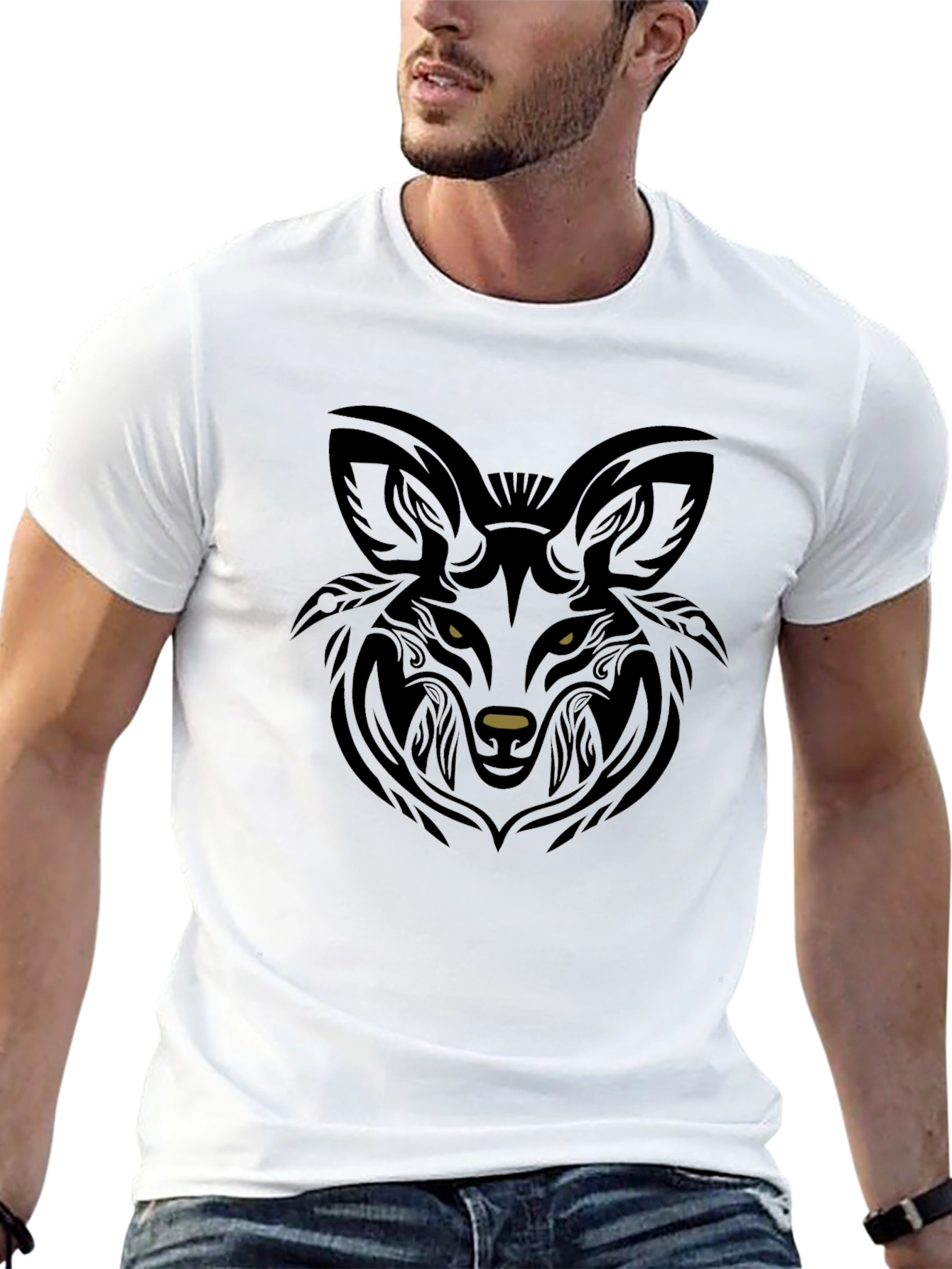 Black Wolf Head Tribal Graphic T-Shirt