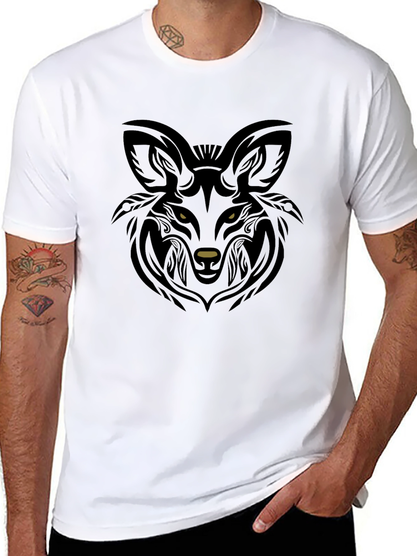 Black Wolf Head Tribal Graphic T-Shirt