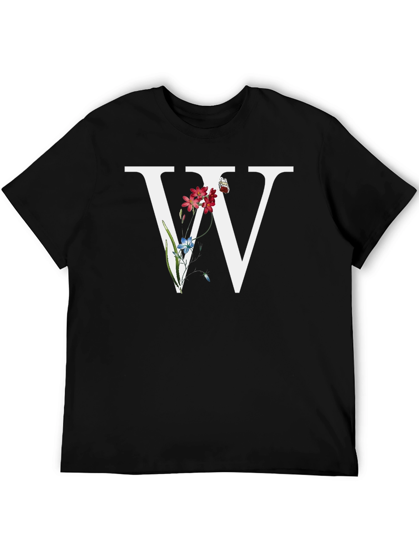Floral W Letter T-Shirt - Black