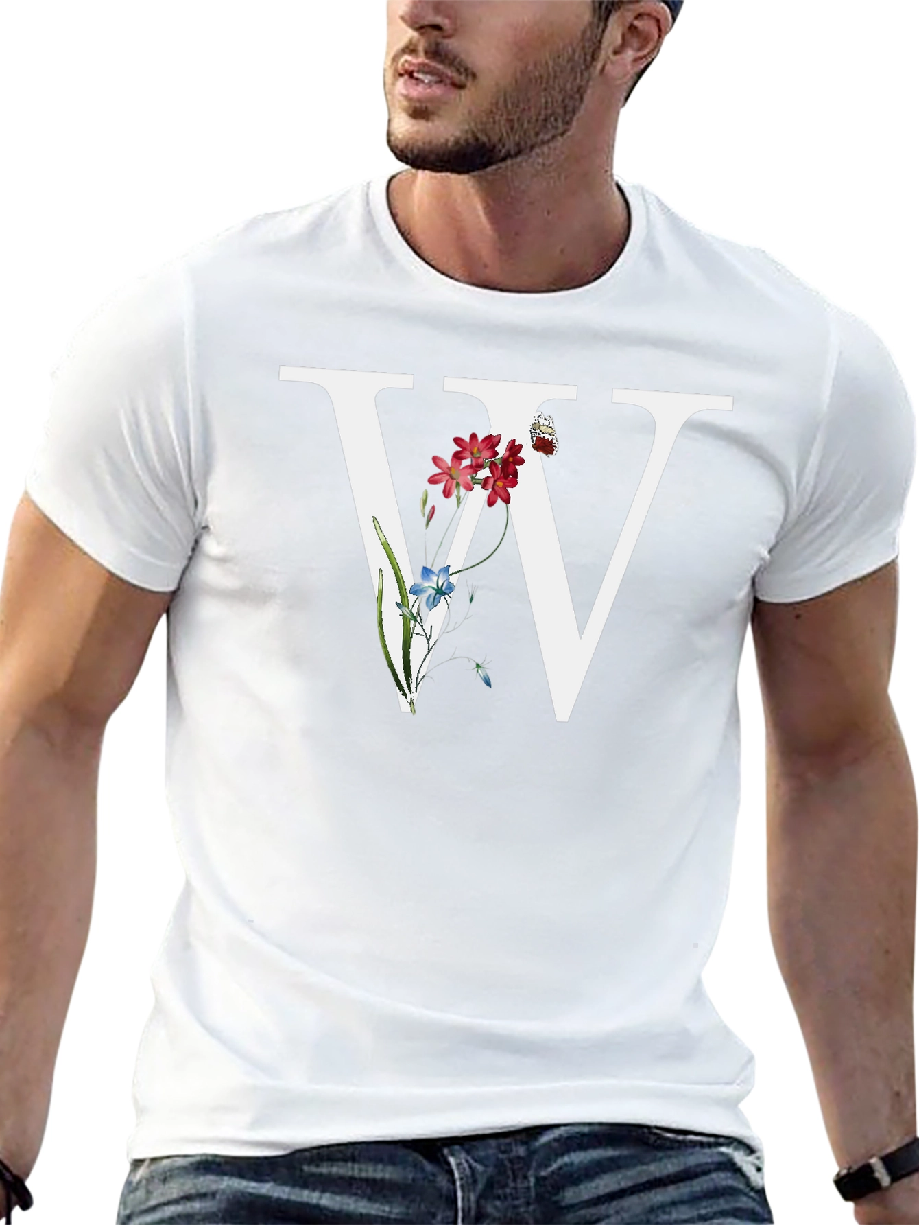 Floral W Letter T-Shirt - Black