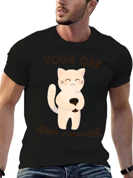 Yoga Cat & Coffee Graphic T-Shirt - Black Casual Tee