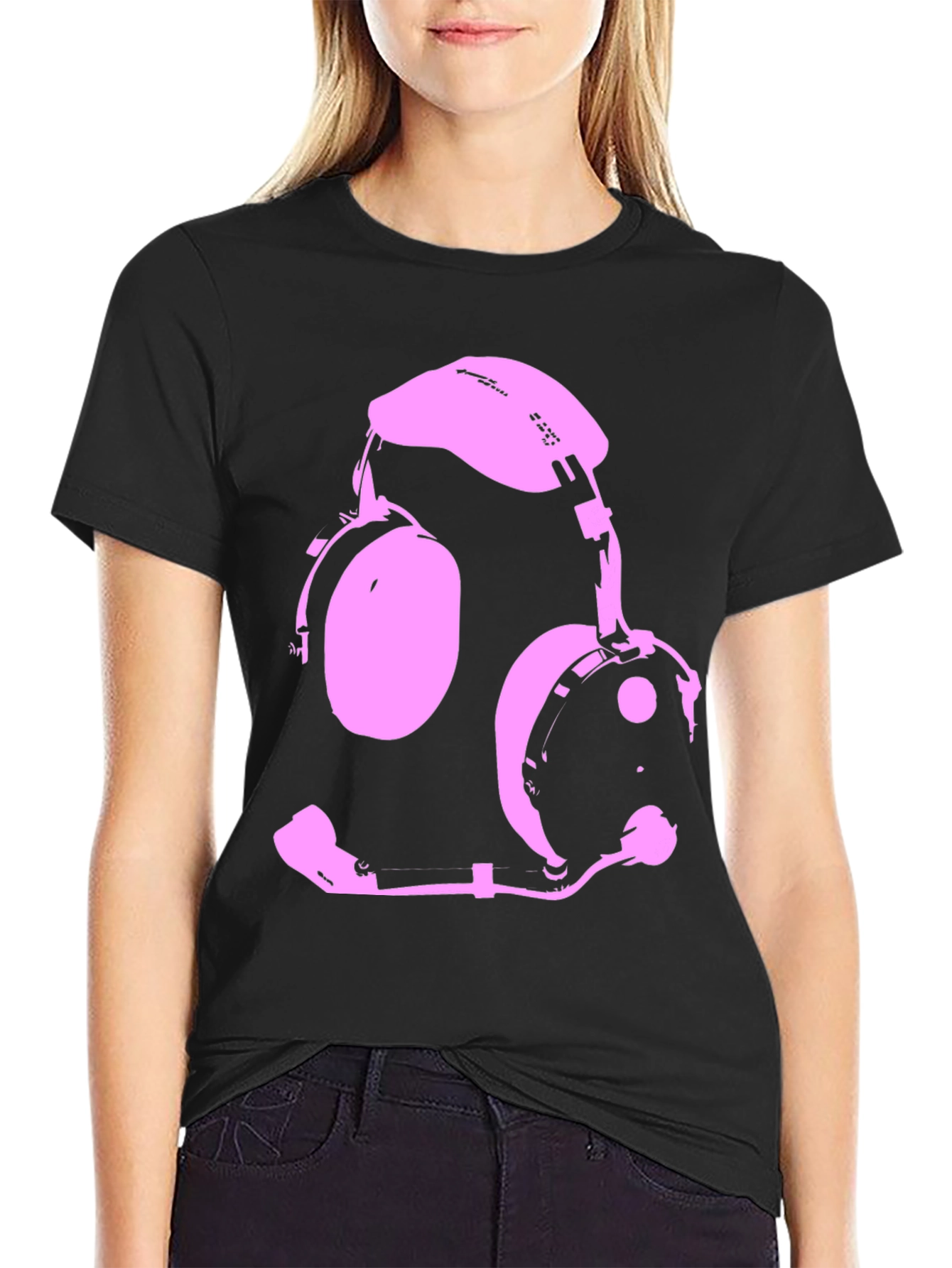 Pink Headset Graphic Black T-Shirt