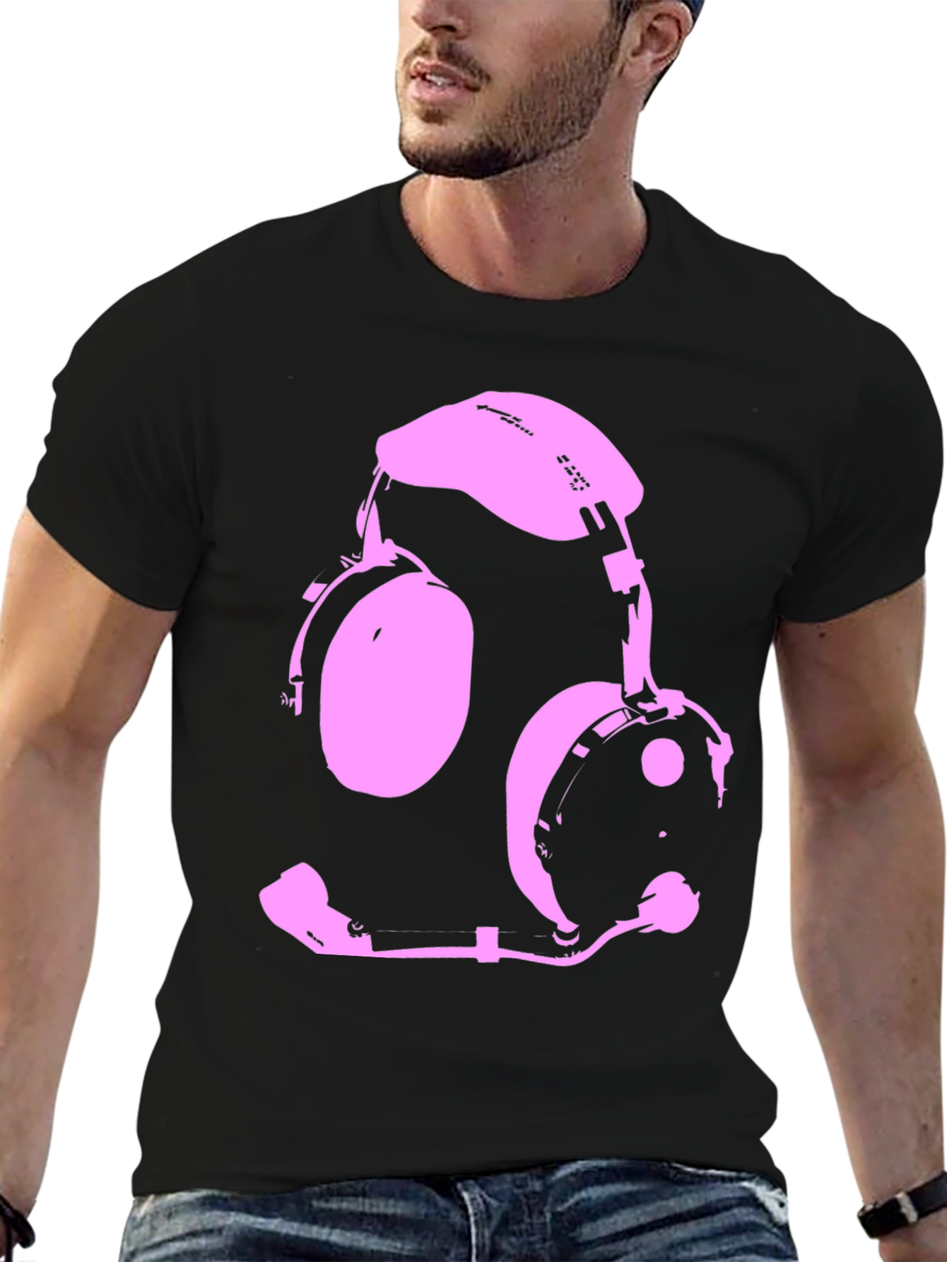 Pink Headset Graphic Black T-Shirt