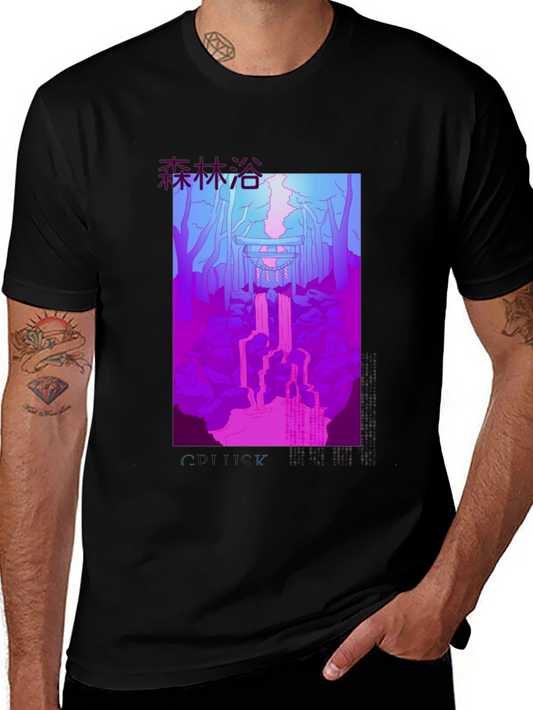 Aesthetic Japanese Forest Scene Graphic Tee - Black