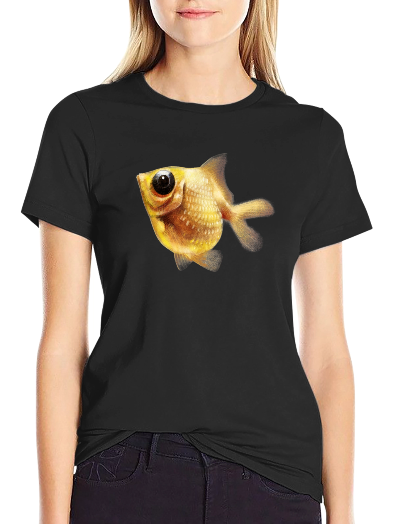 Mens Black T-Shirt with Goldfish Graphic