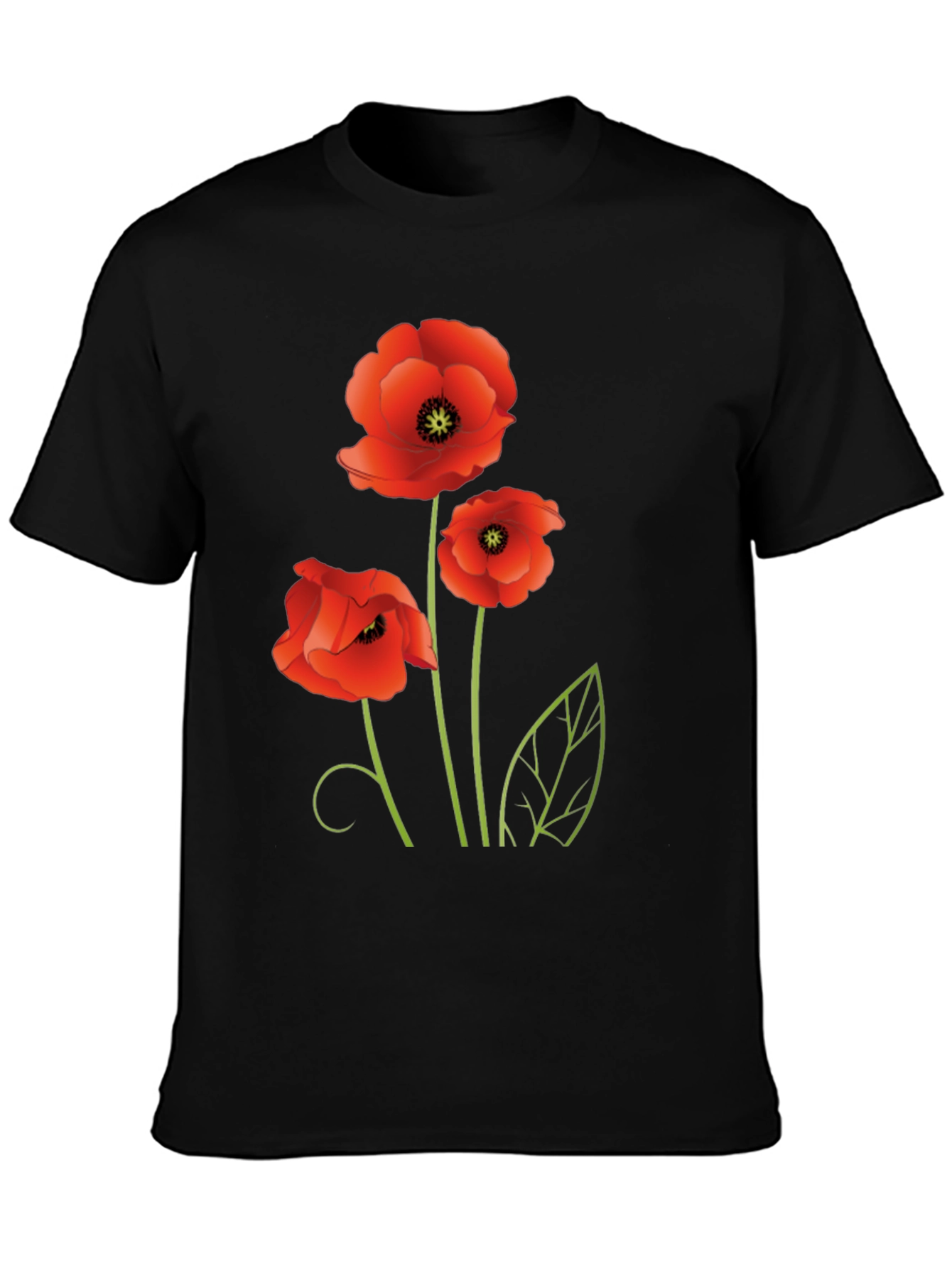 Poppy Flower Graphic Black T-Shirt