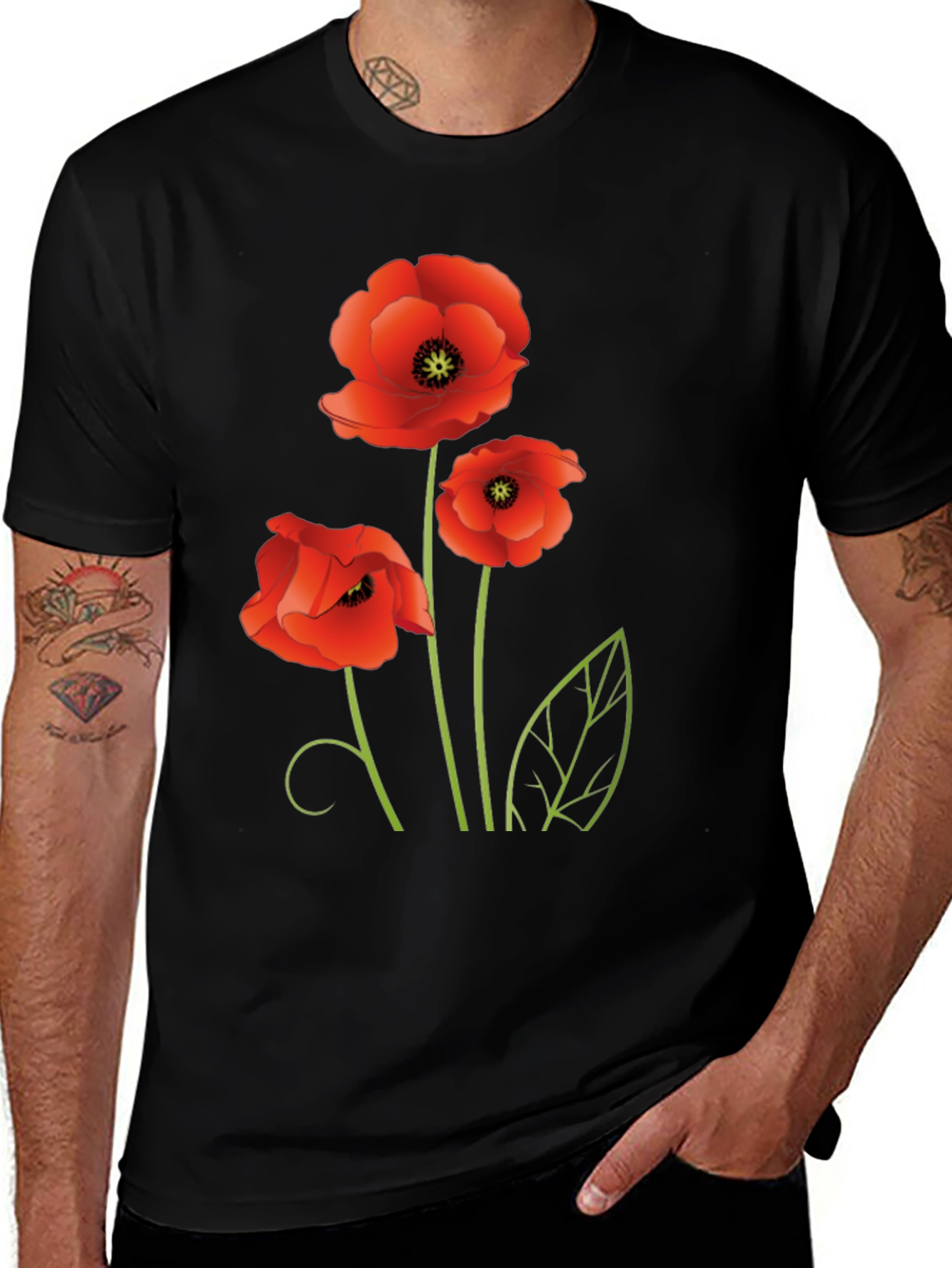 Poppy Flower Graphic Black T-Shirt