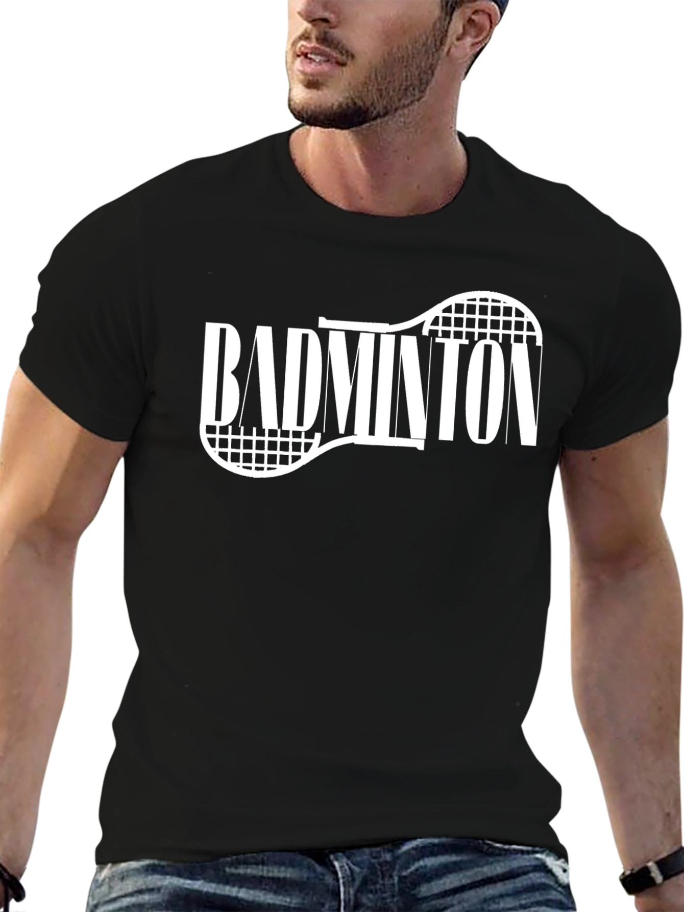 Badminton Racket Graphic Tee - Black Cotton