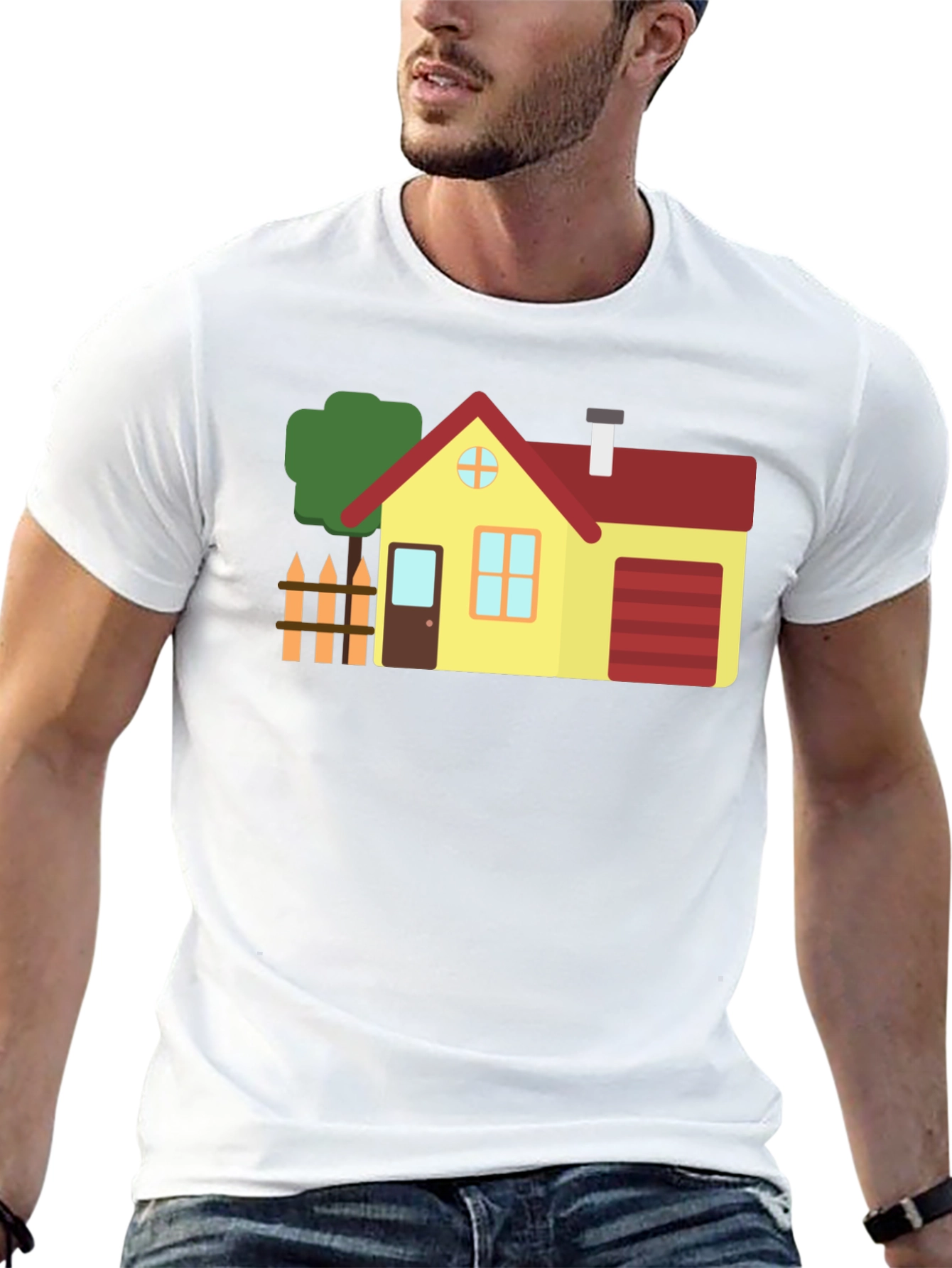 Cartoon House Graphic Tee Black Cotton Shirt