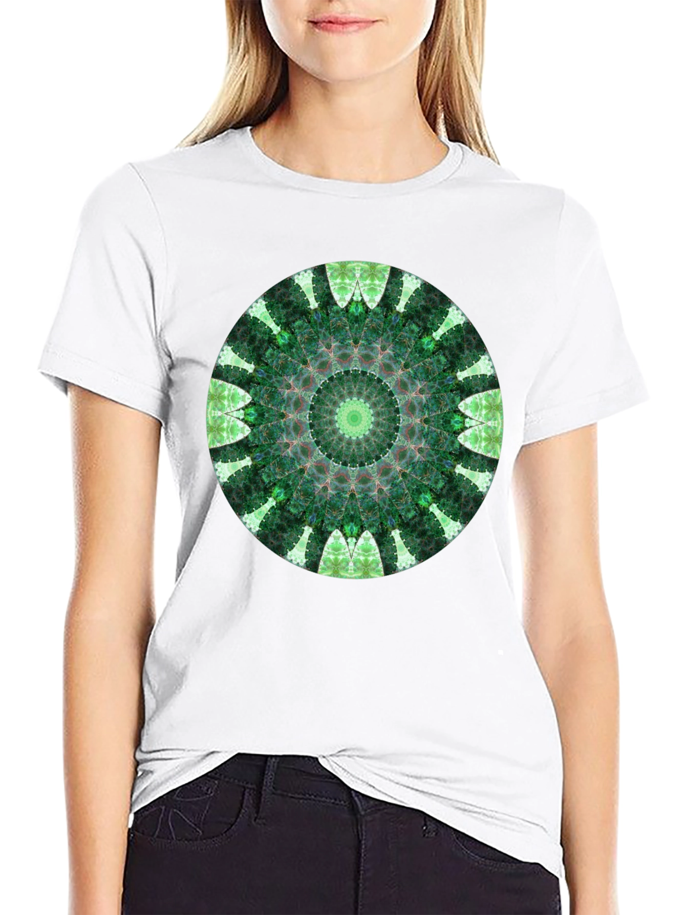 Green Mandala Graphic Black T-Shirt
