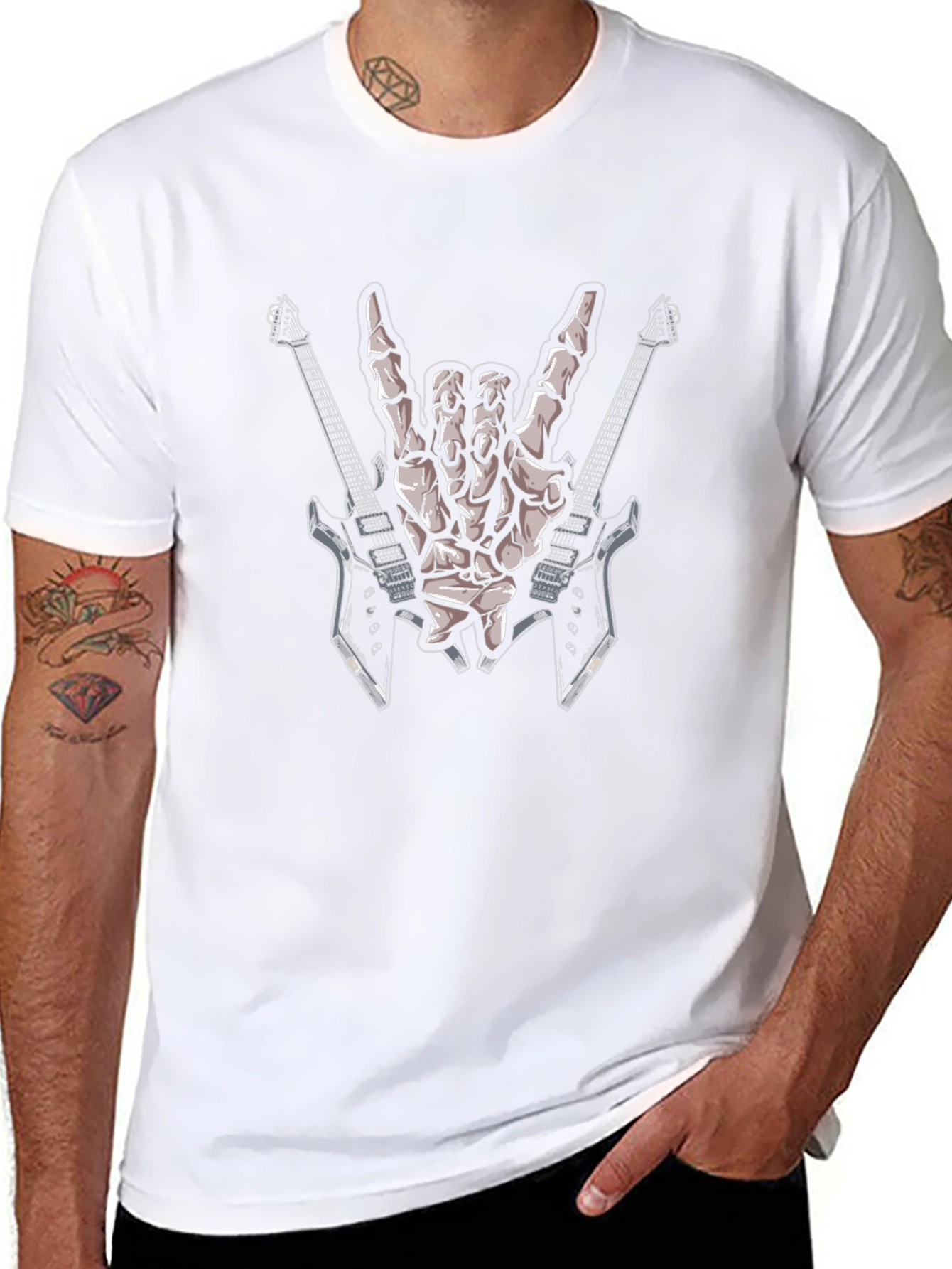 Rock On Skeleton Hand & Guitars Graphic Tee
