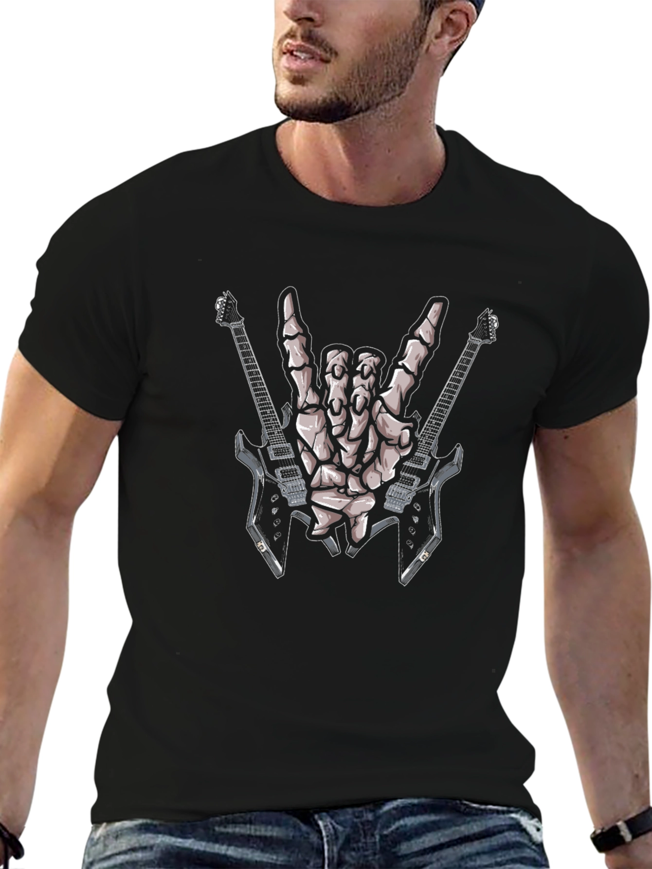 Rock On Skeleton Hand & Guitars Graphic Tee