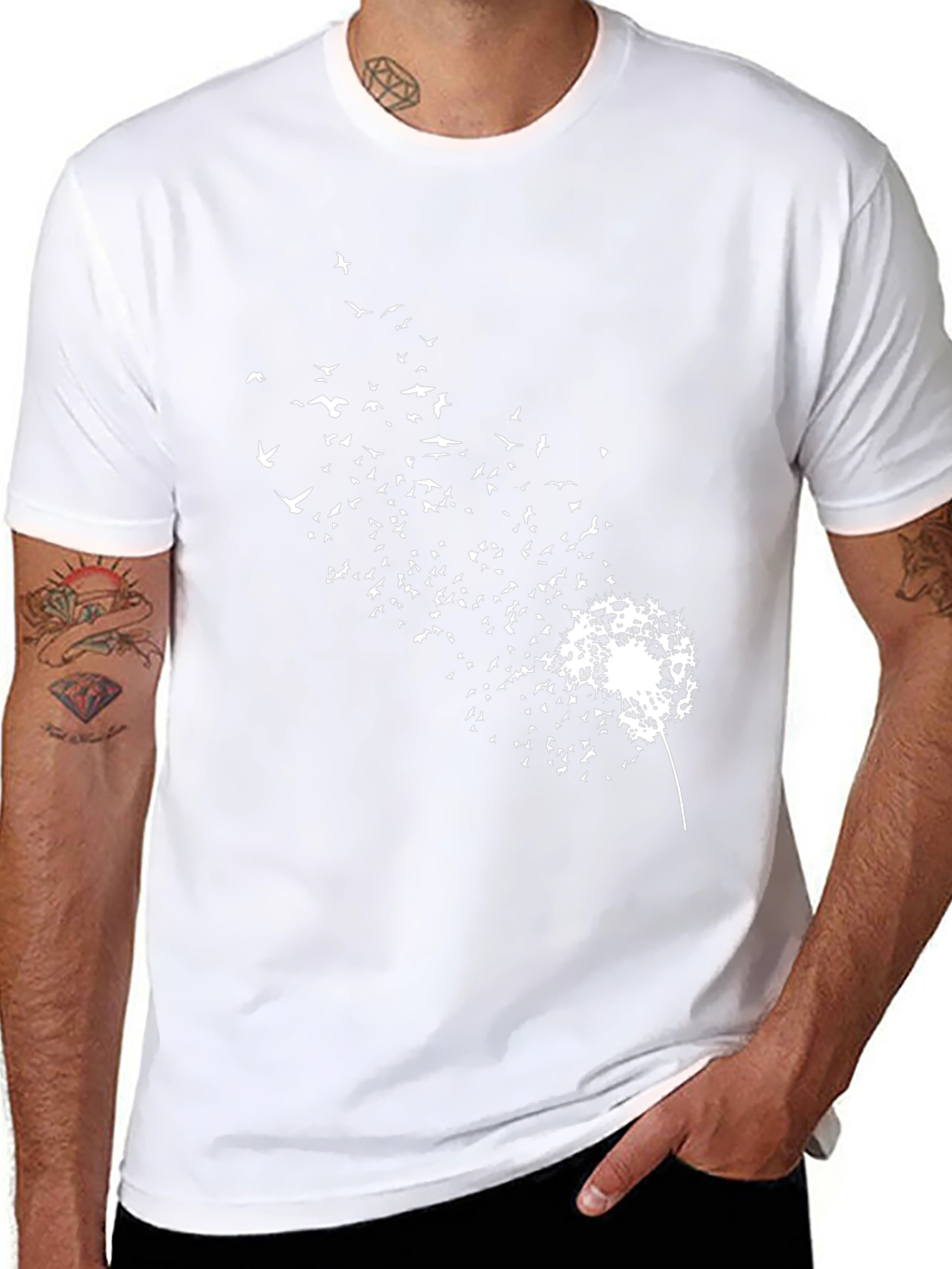 Dandelion Bird Print Black T-Shirt