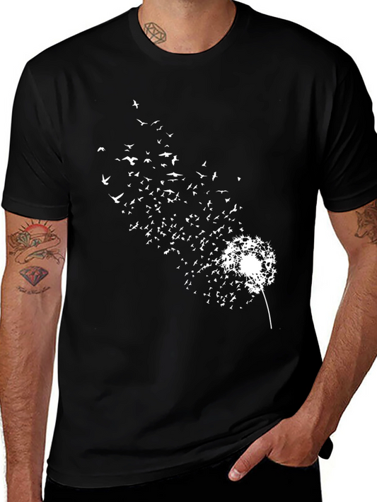 Dandelion Bird Print Black T-Shirt