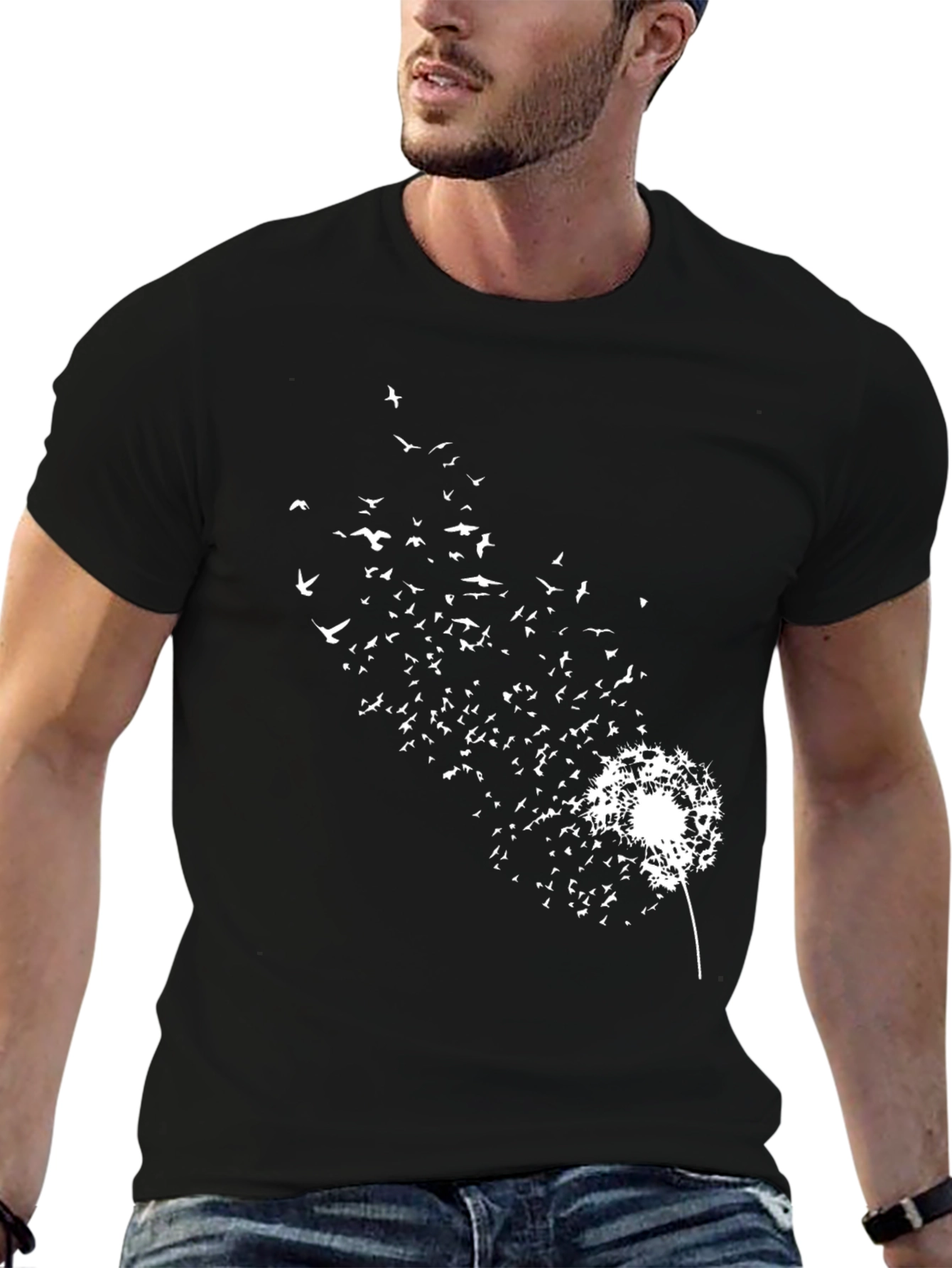 Dandelion Bird Print Black T-Shirt
