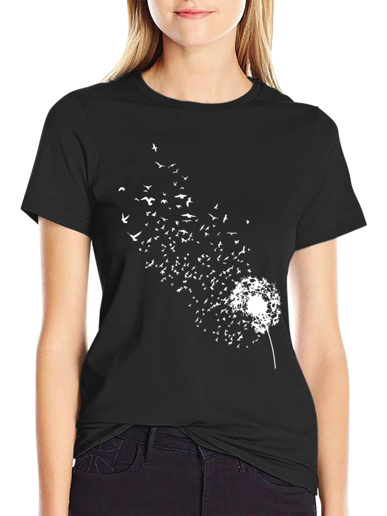 Dandelion Bird Print Black T-Shirt