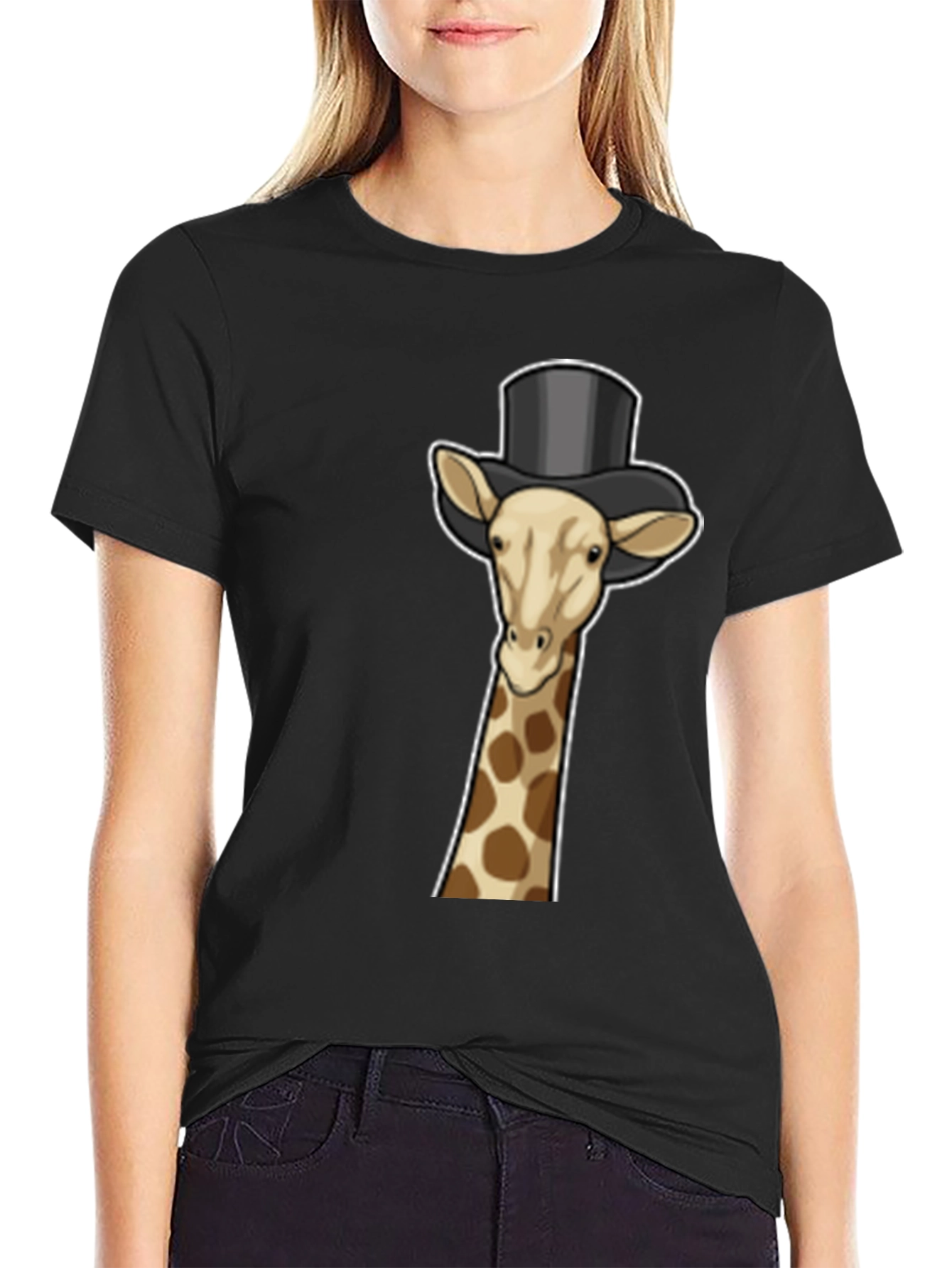 Giraffe Top Hat Graphic Tee - Black Cotton T-Shirt