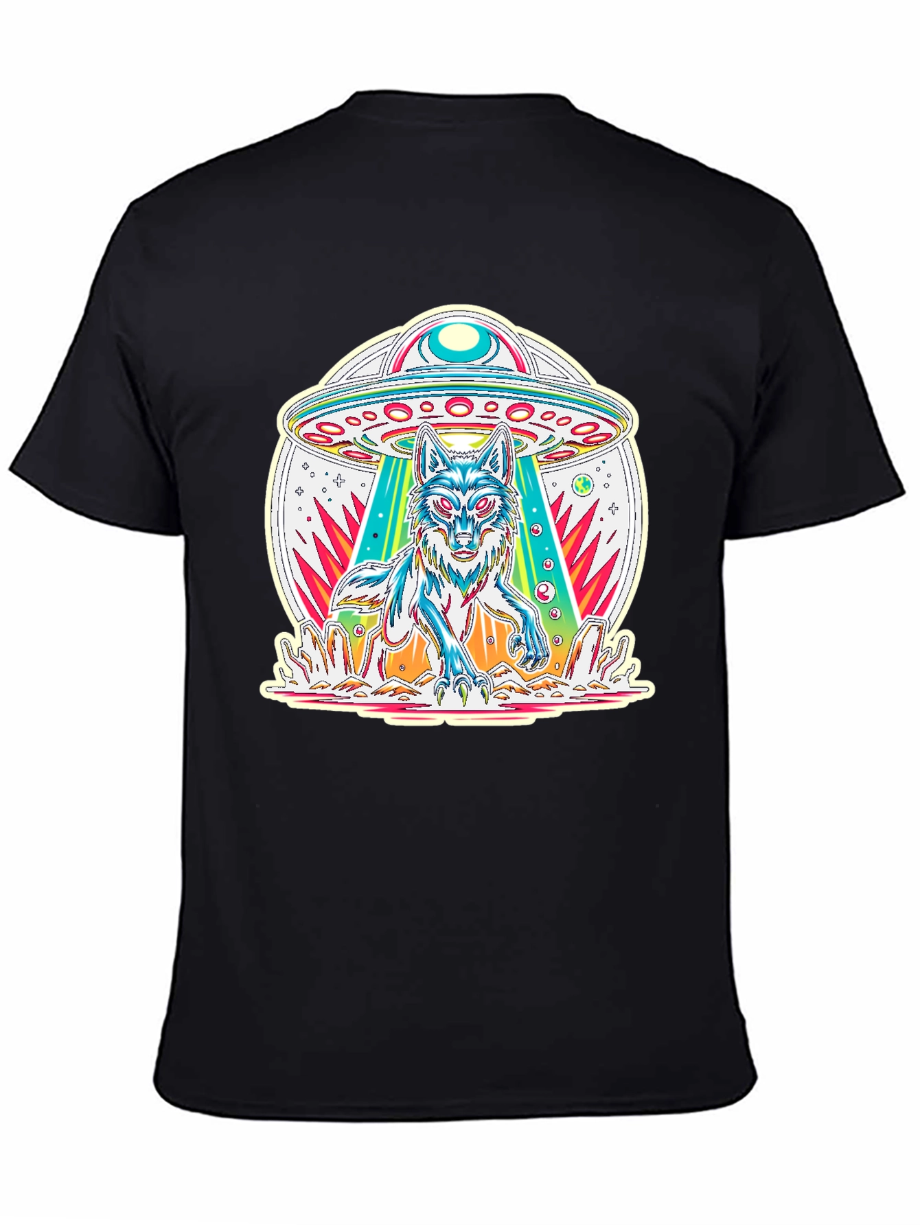 UFO Wolf Graphic Tee - Trendy Alien Abduction T-Shirt